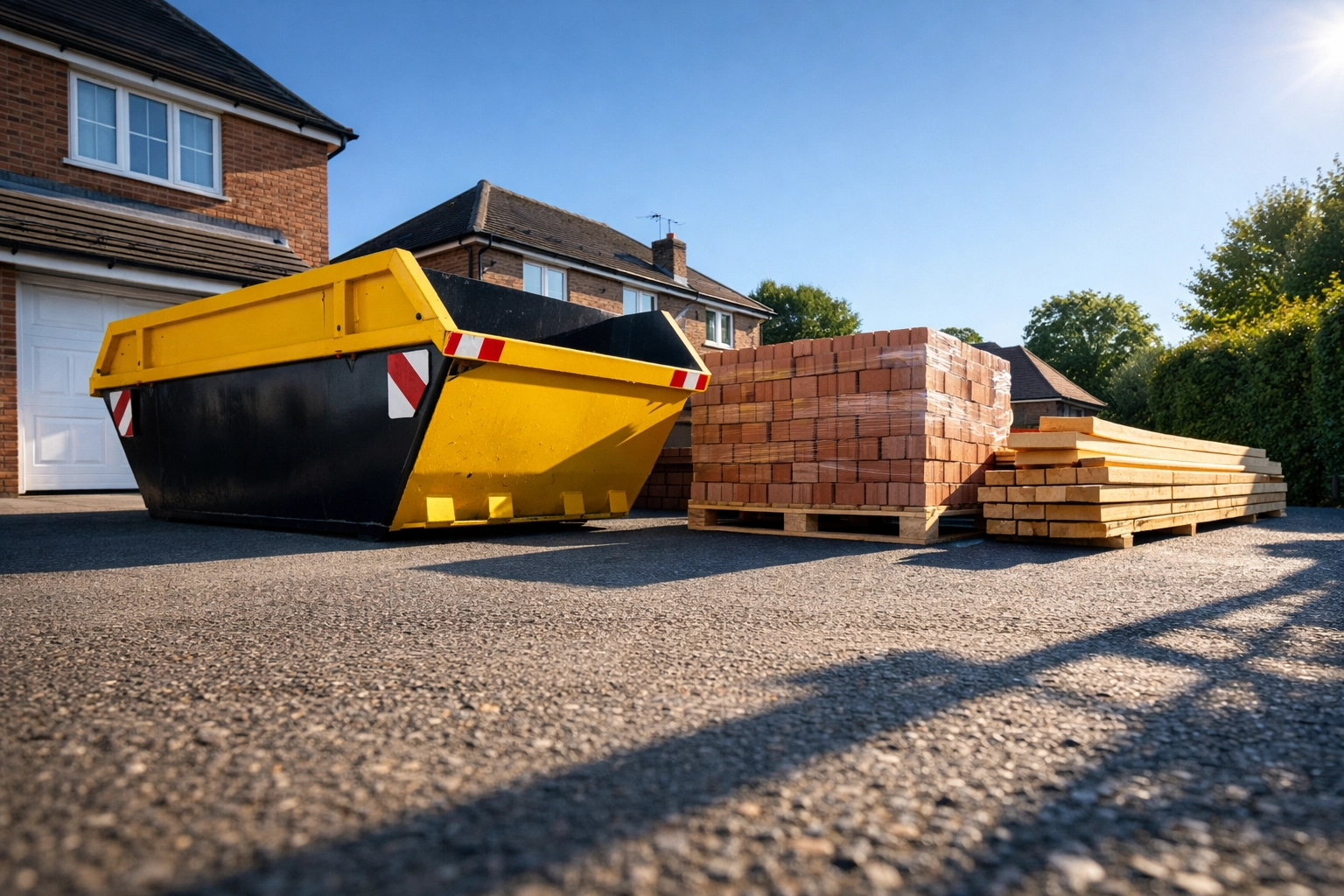 Organized building site preparation with a skip and materials on a Bognor Regis driveway.
