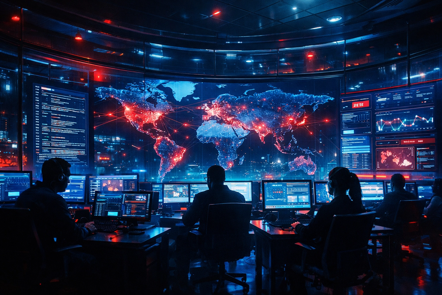 High-tech operations center monitoring real-time network security services and global data traffic analysis.