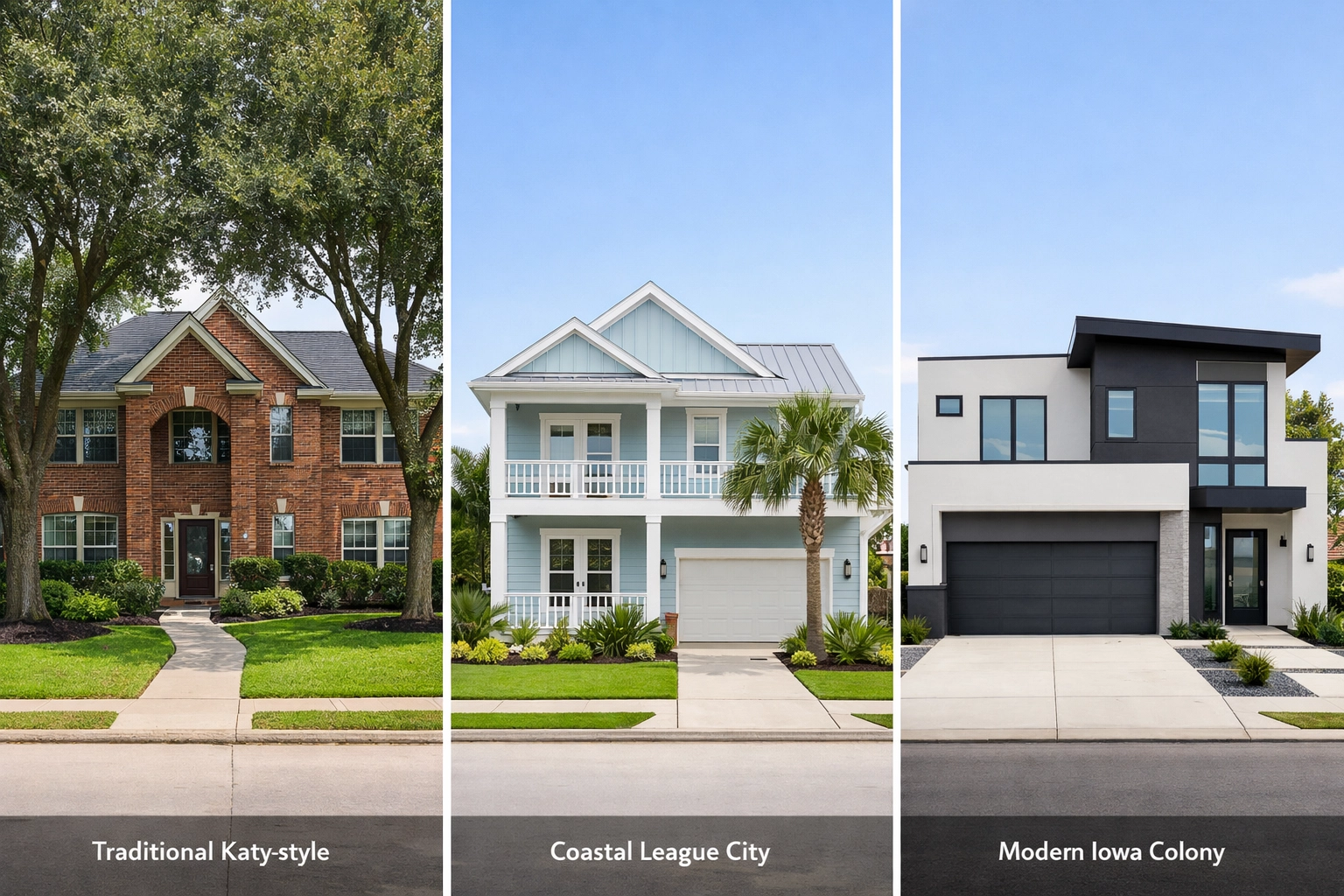 Side-by-side comparison of homes in Katy League City and Iowa Colony Houston neighborhoods