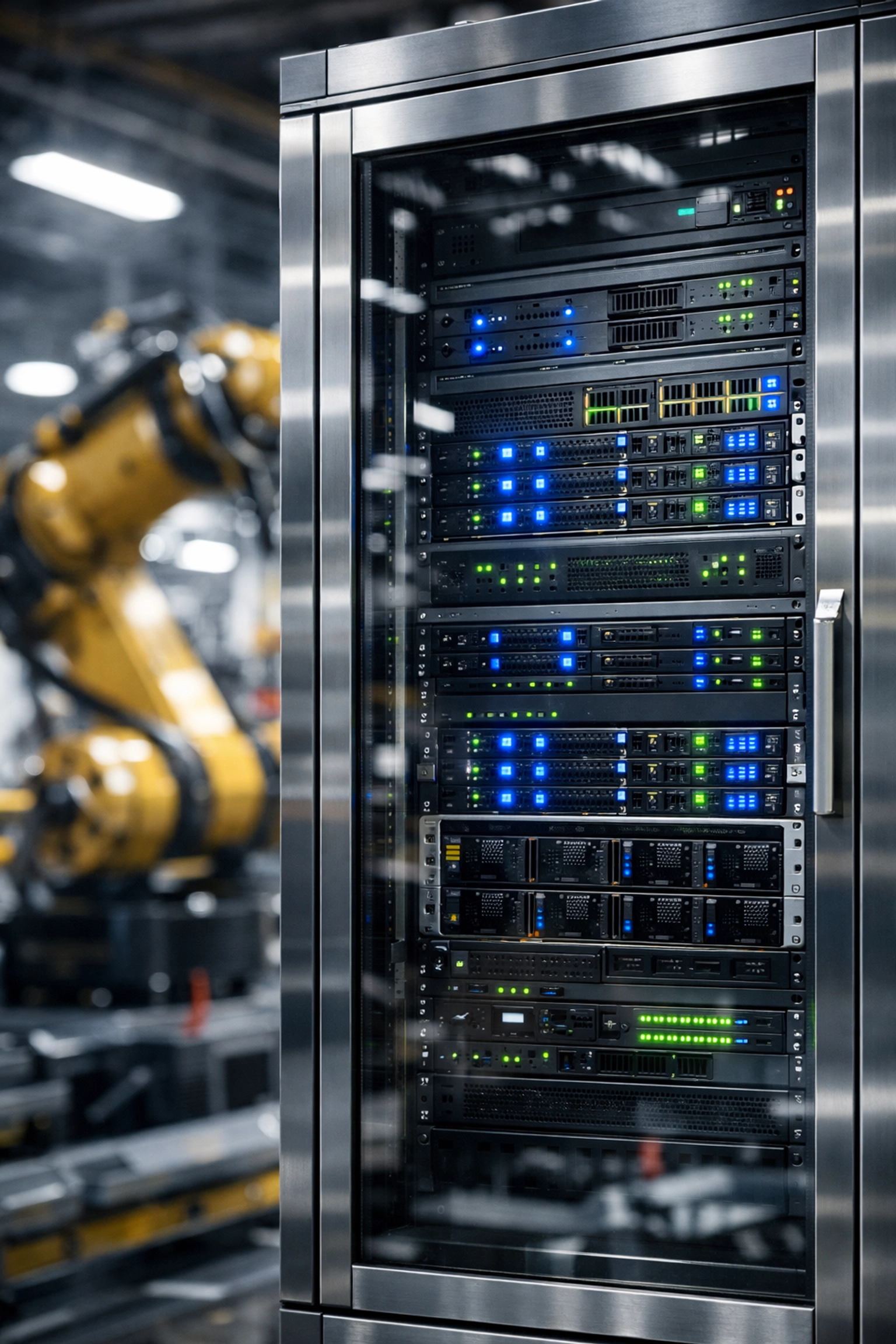 Secure IT server rack for CMMC 2.0 compliance inside a Connecticut defense manufacturing plant.