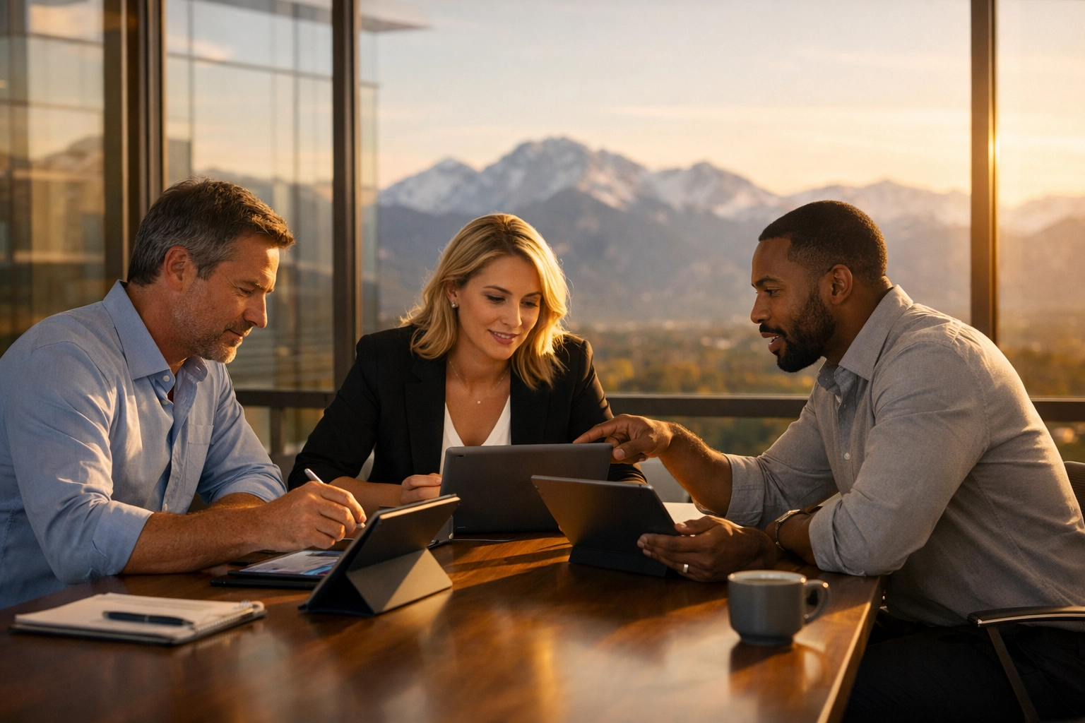 Strategic sports marketing consultants collaborating in a modern Colorado office during the 4PM Daily Autopilot session.