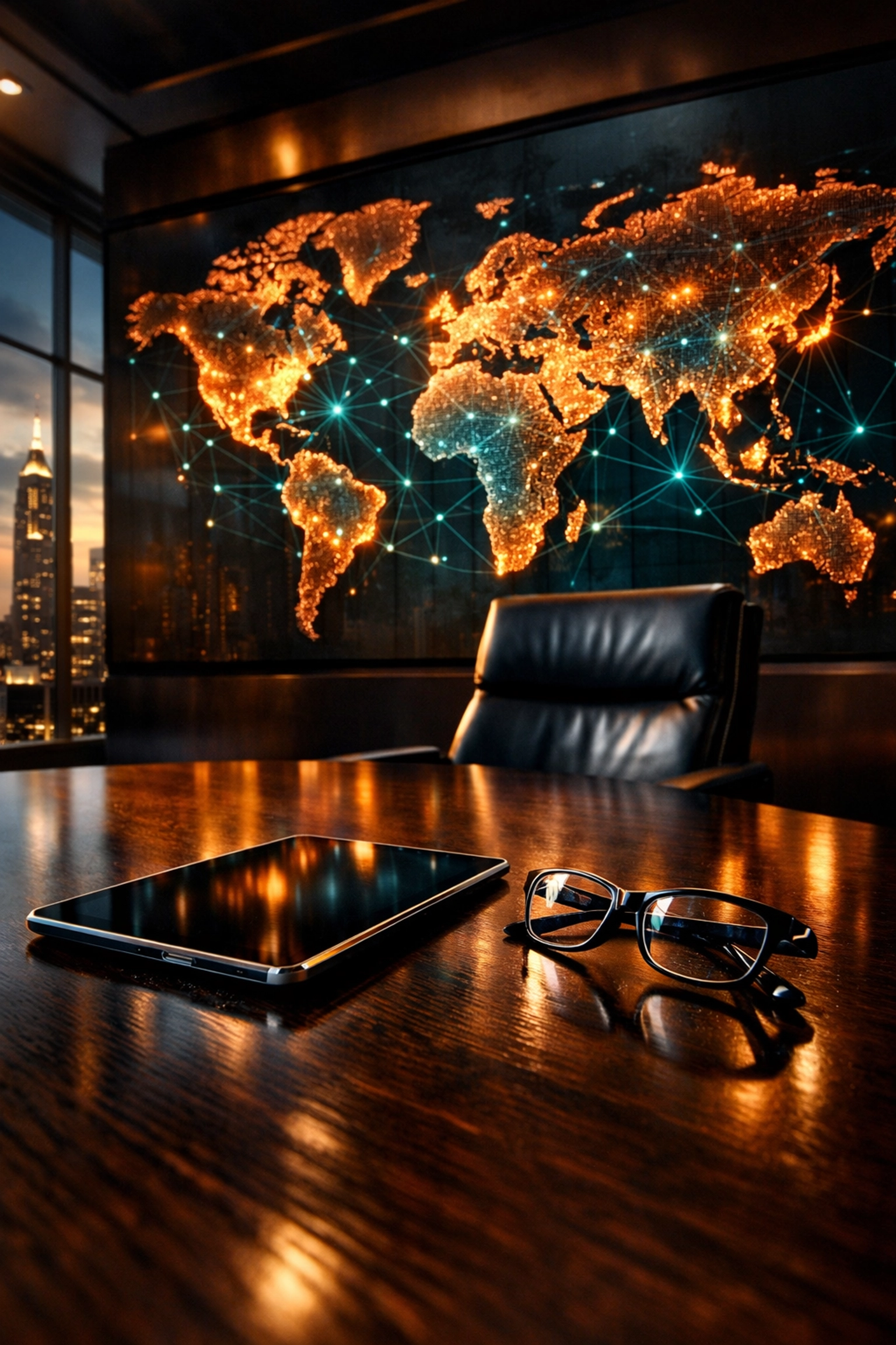 Boardroom with a global map display, representing strategic communication and reputation management in trade.