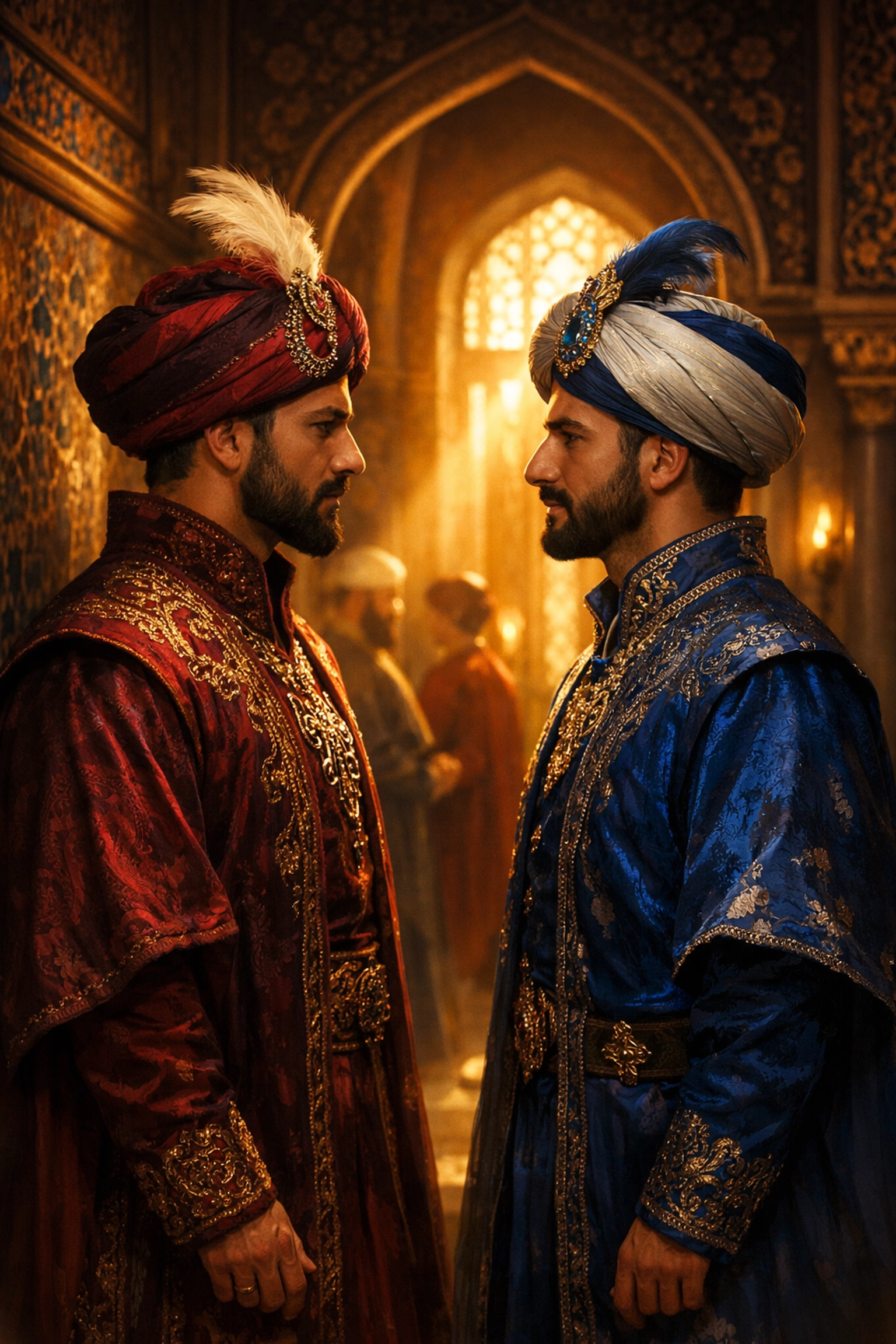 Two men in Ottoman court robes exchange longing glances in palace corridor - slow burn MM romance
