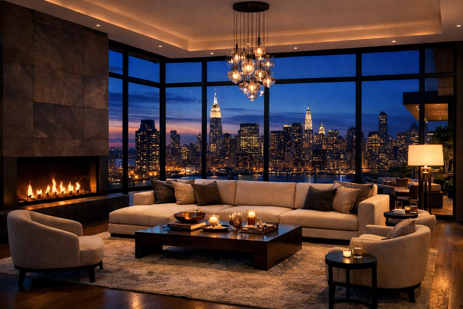 Modern luxury penthouse interior with floor-to-ceiling windows and dramatic city skyline views