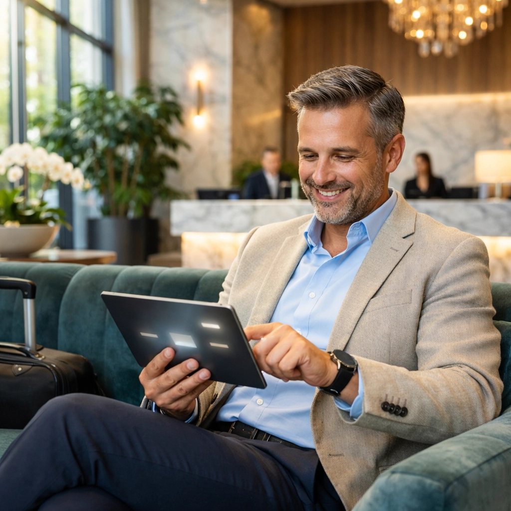 A traveler in a modern hotel lobby using a digital tablet to interact with an AI-ready concierge.