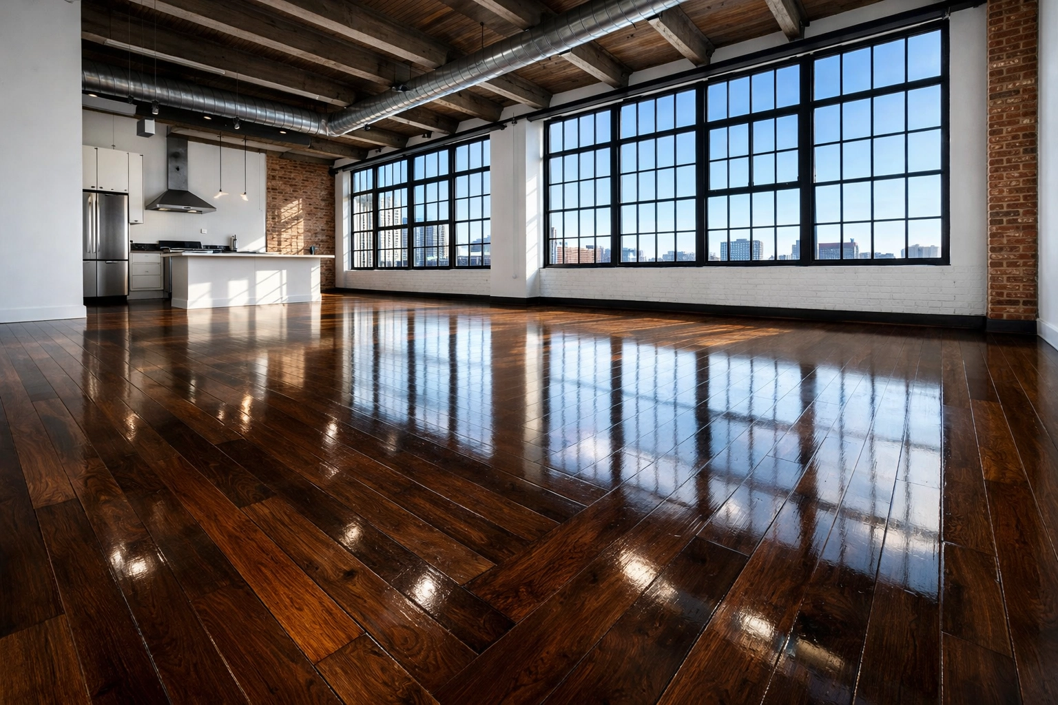 Clean industrial loft in Detroit with polished hardwood floors and exposed brick following a unit turnover.