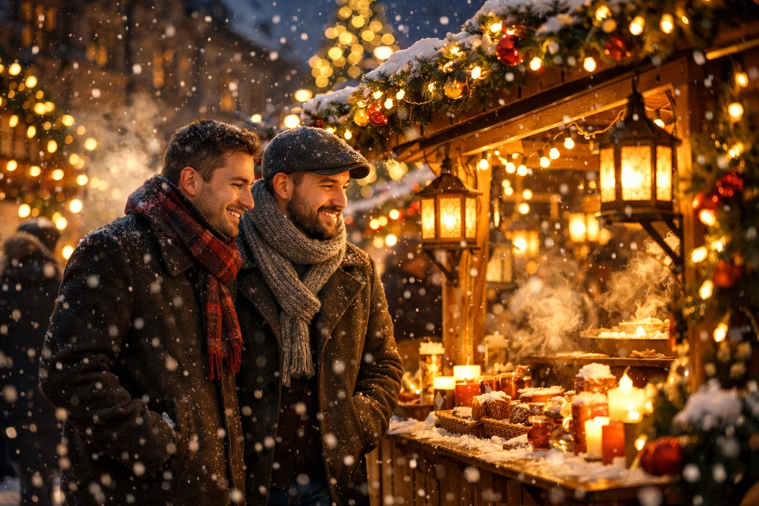 Gay couple exploring Christmas market on winter city break