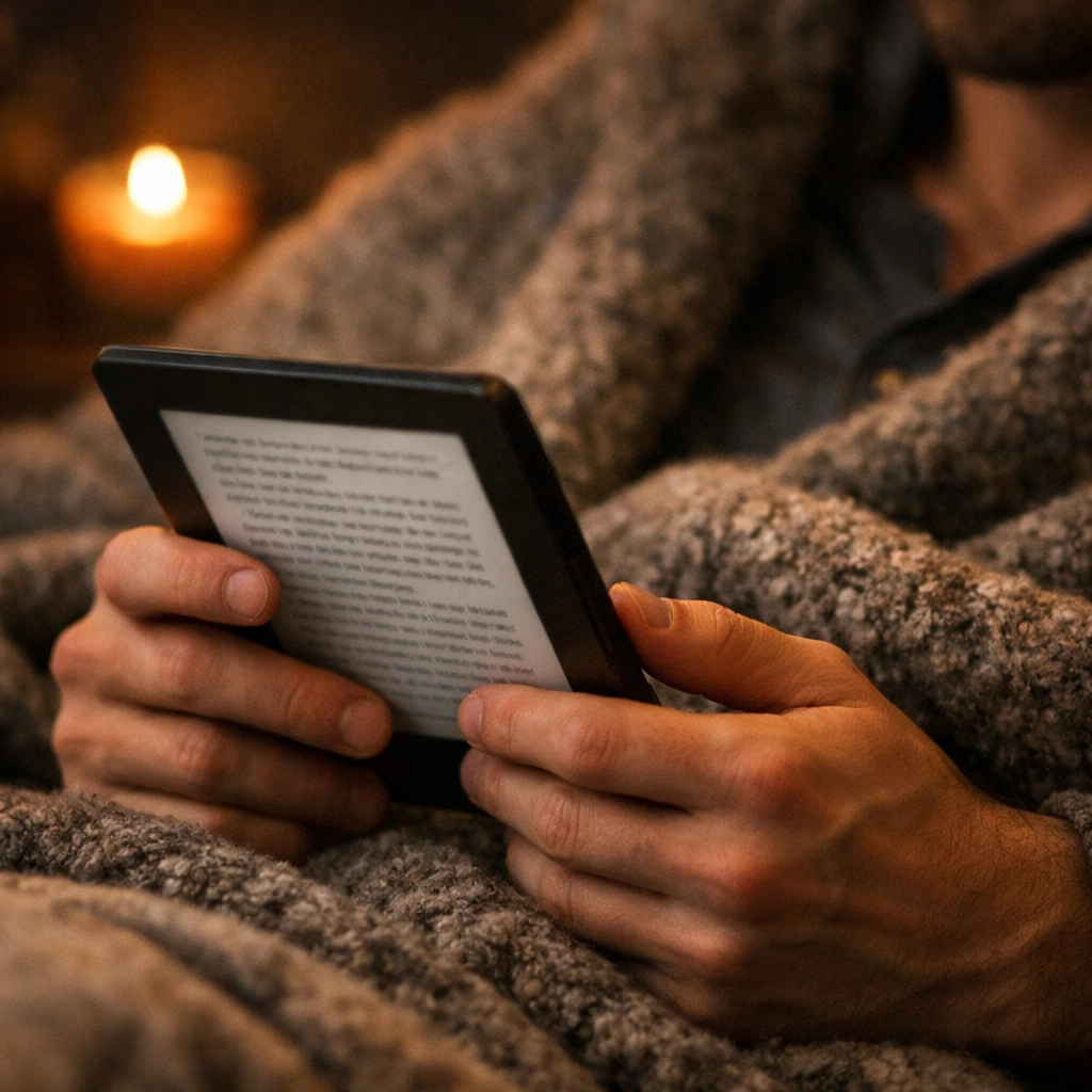 Curling up with a gay romance novel in a cozy room for self-care and resilience against public noise.