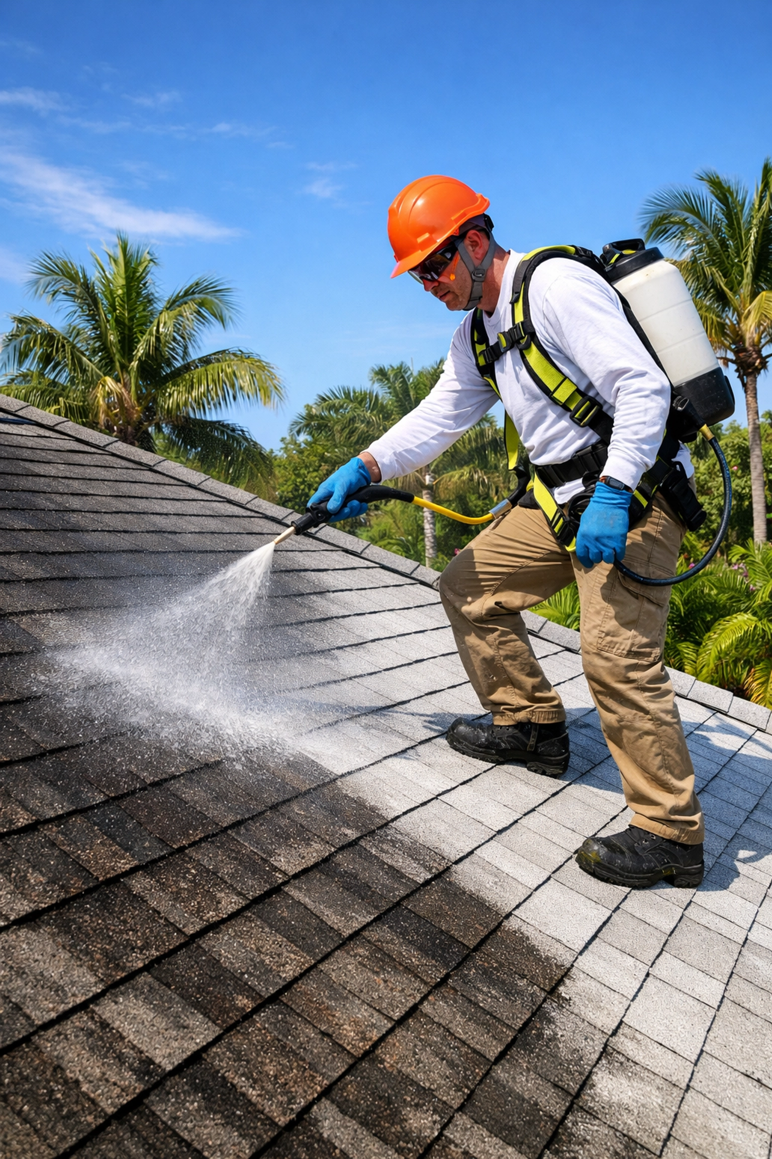 A high-resolution photograph taken from ground level showing a professional roof cleaning technician on a residential Florida roof carefully applying soft wash with low-pressure equipment. Gentle spray forms a fine mist over dark algae-stained shingles, with a visible contrast between treated clean areas and untreated dark streaks. The technician is outfitted with safety gear. Bright Florida sunlight, blue sky, lush greenery and palm trees in the background convey a safe and controlled cleaning process. Vibrant, clean, true-to-life colors, natural lighting, crisp detail.