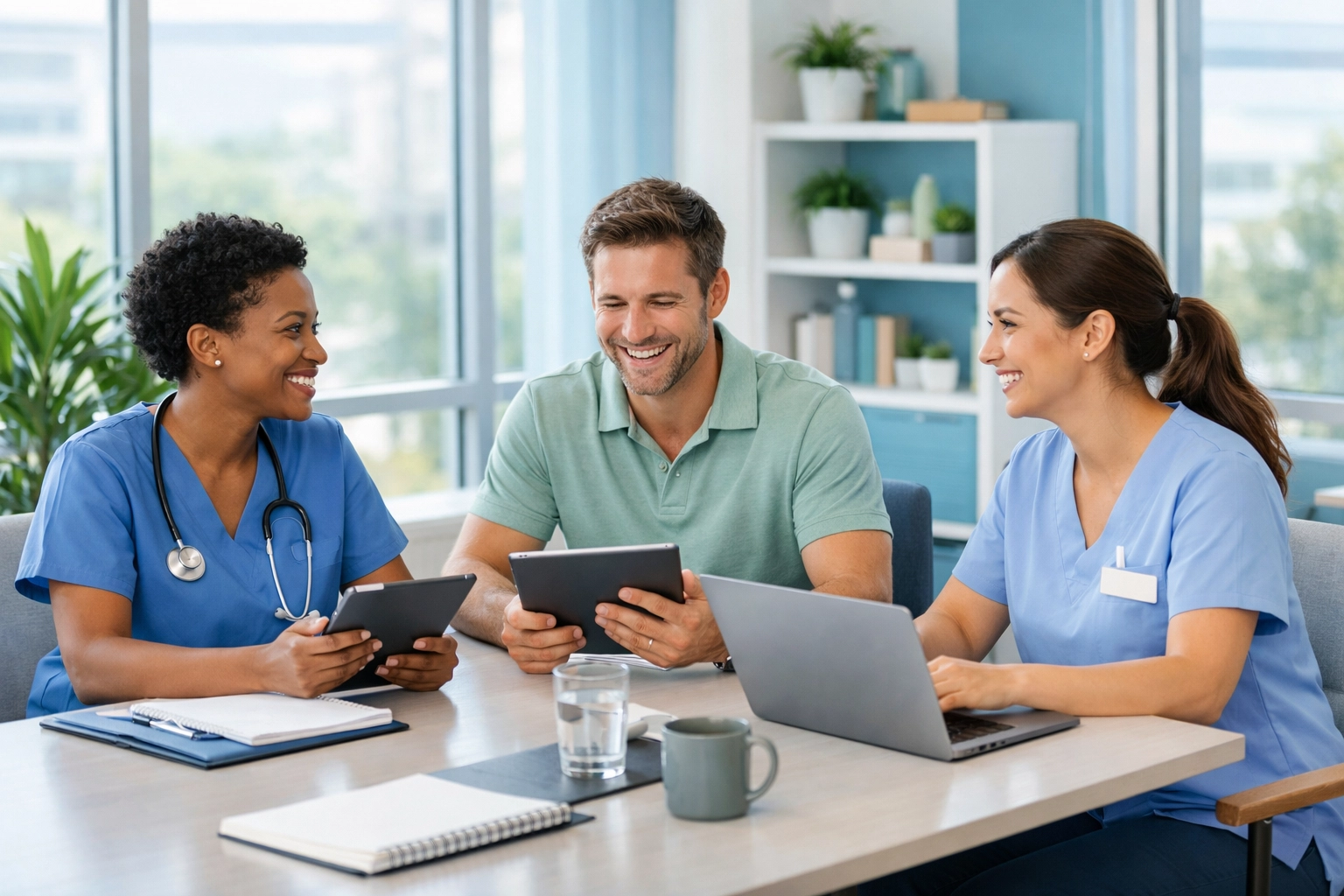 Healthcare team reviewing AI-generated clinical documentation with improved workflow efficiency