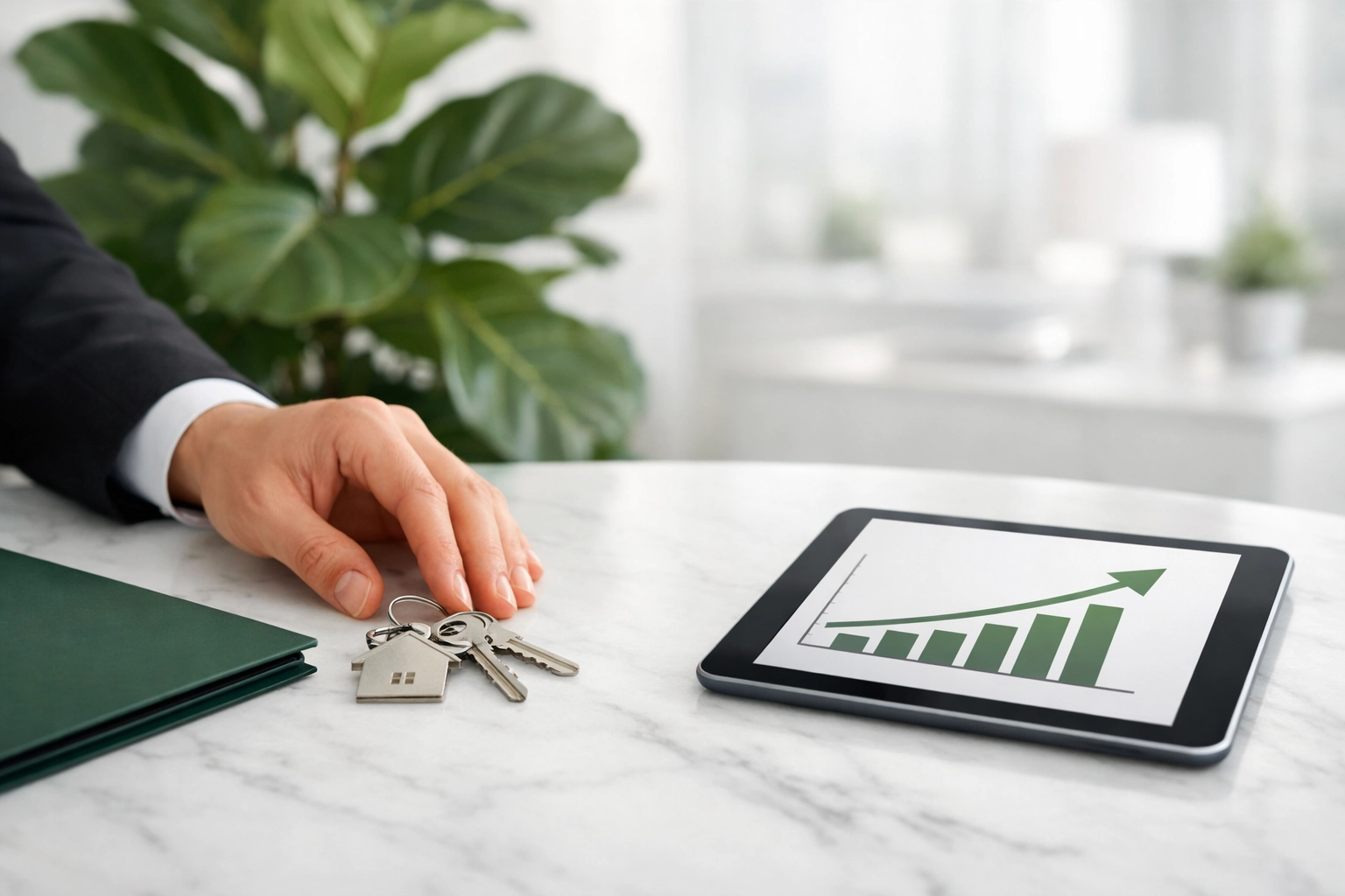 Professional real estate closing in St. Pete with house keys and investment growth charts on a desk.