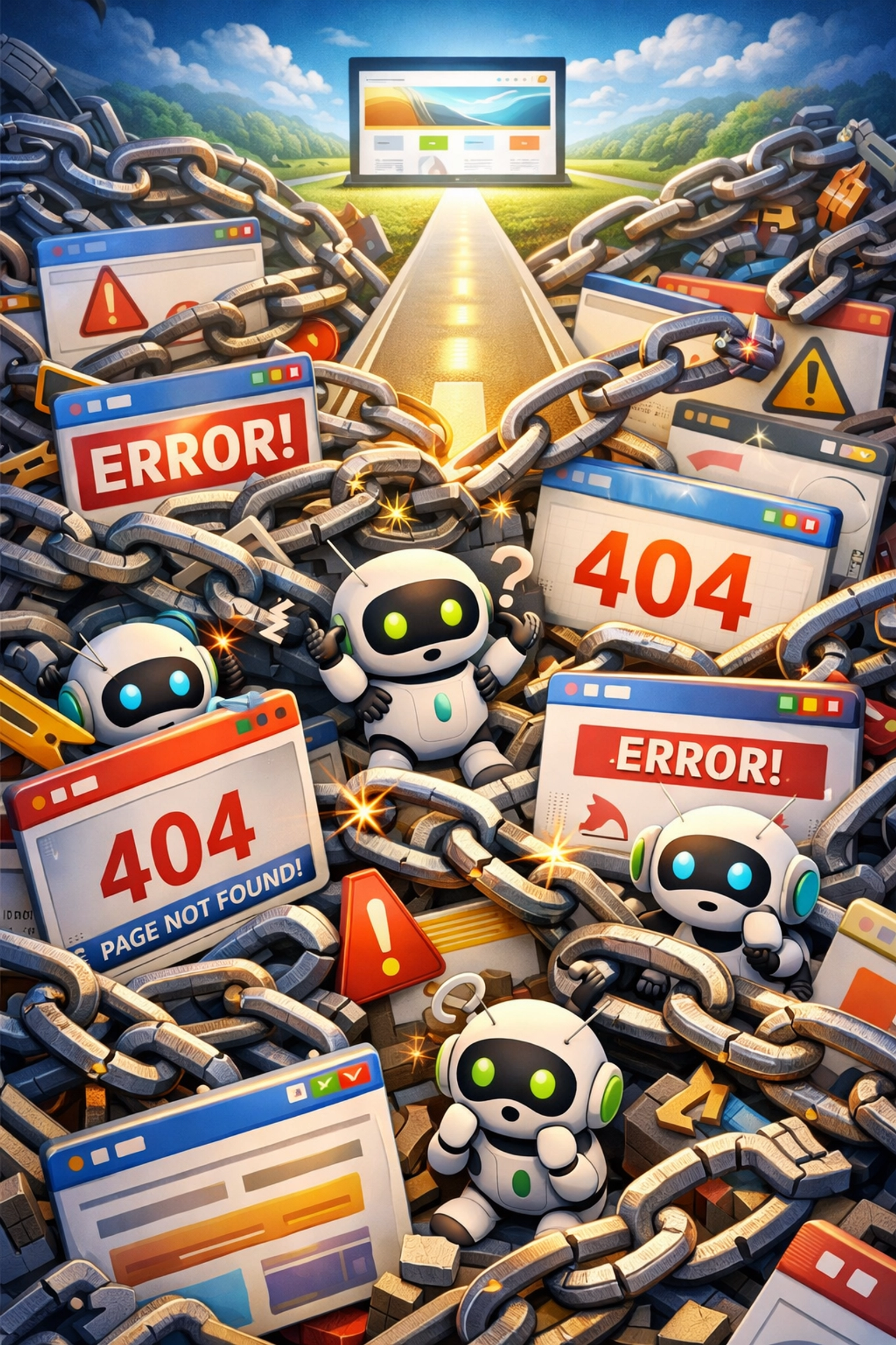 Illustration of website SEO issues like broken links and lost bots with a smooth path to an optimized small business site