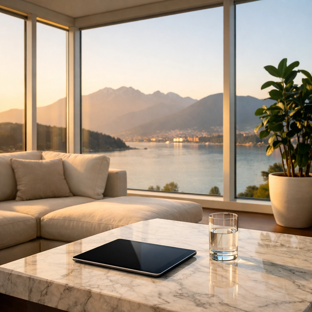 Modern Vancouver penthouse living room showing high-end property management and luxury rental standards.