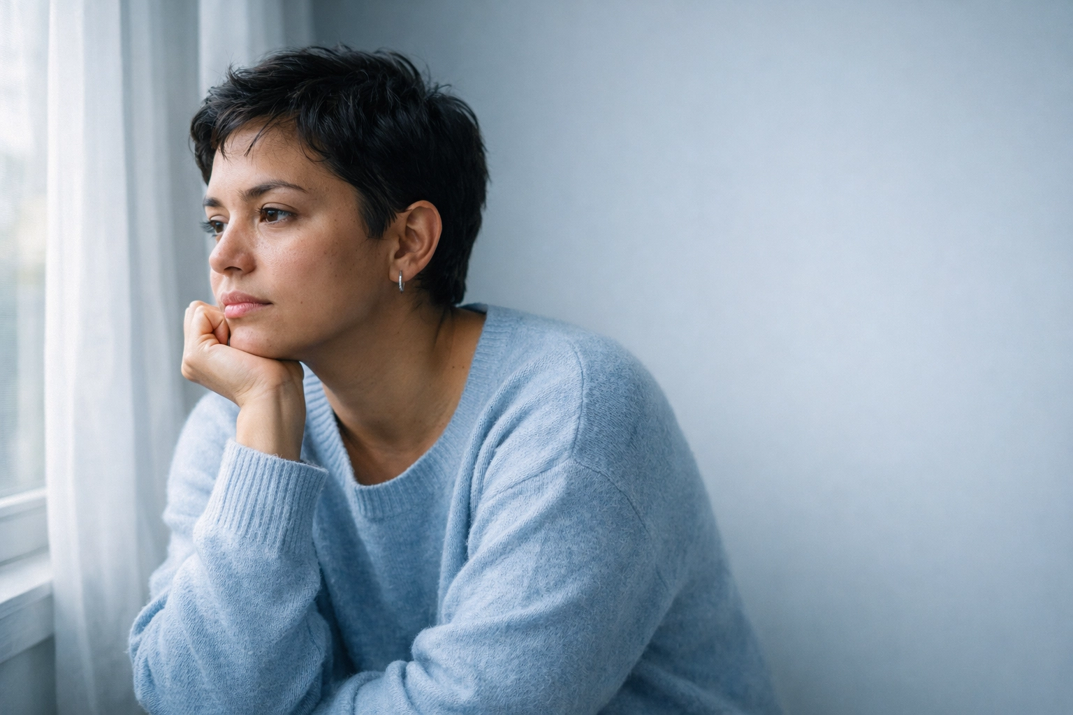 Candid photo of someone in a quiet moment by a window, showing the human side of invisible mental health struggles