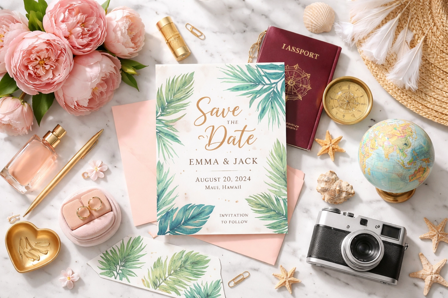 Flat lay of destination wedding planning essentials including passport, save-the-dates, rings, and flowers