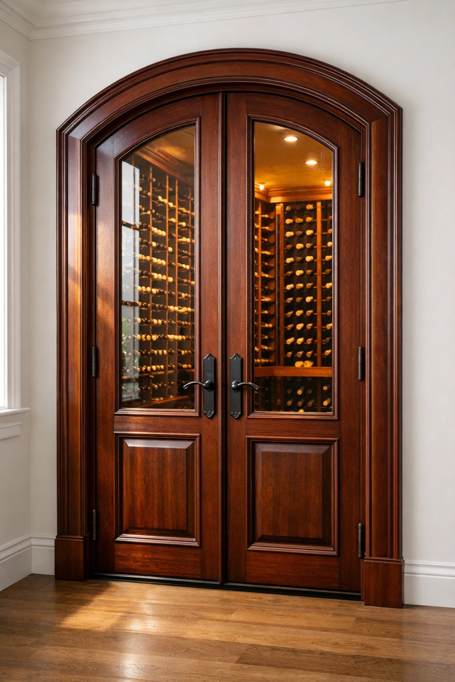 Custom mahogany and glass wine cellar door with an arched top in a luxury NJ home.