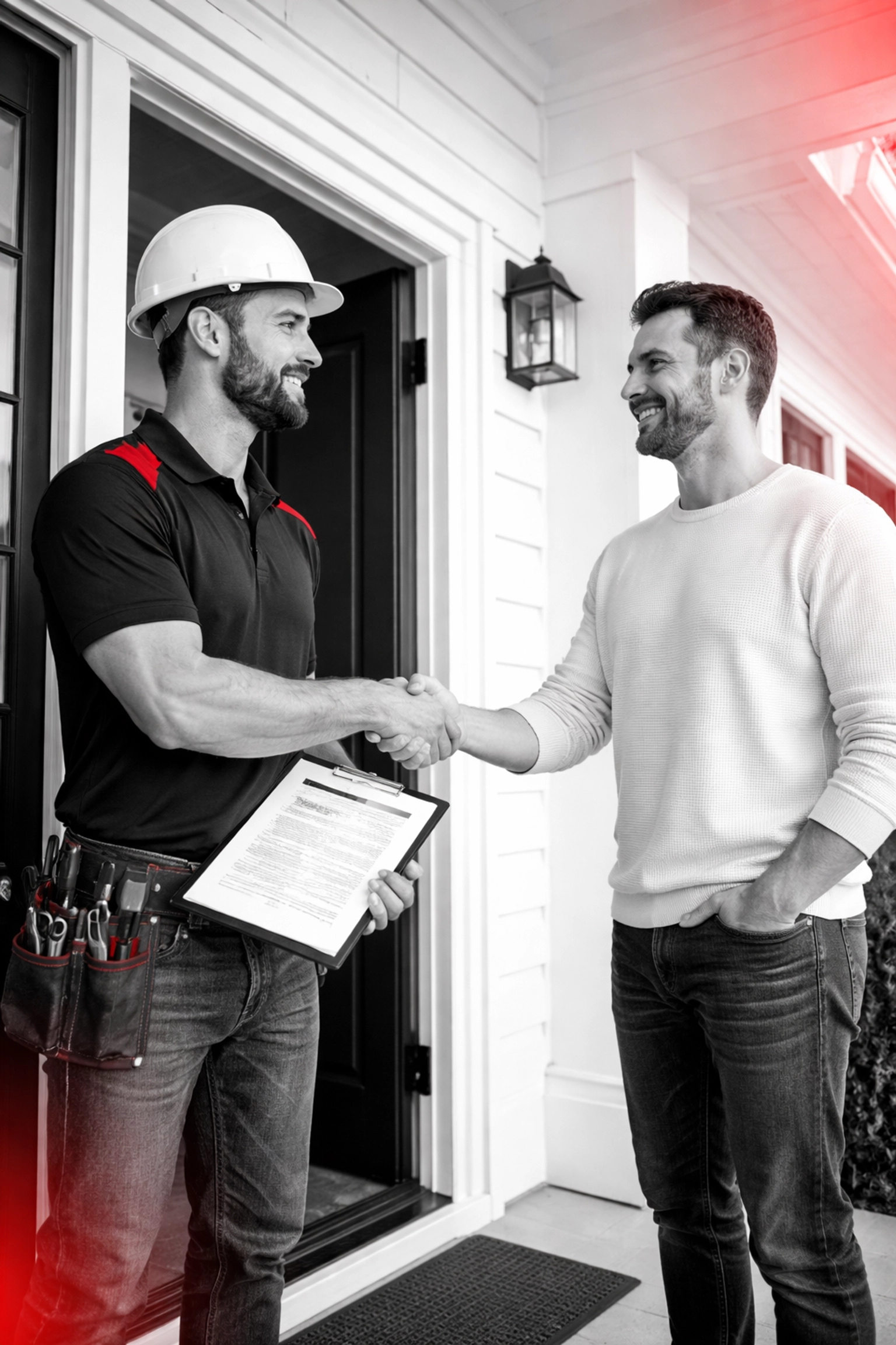 Contractor verifies licensing and insurance with Chattanooga homeowner at front door handshake