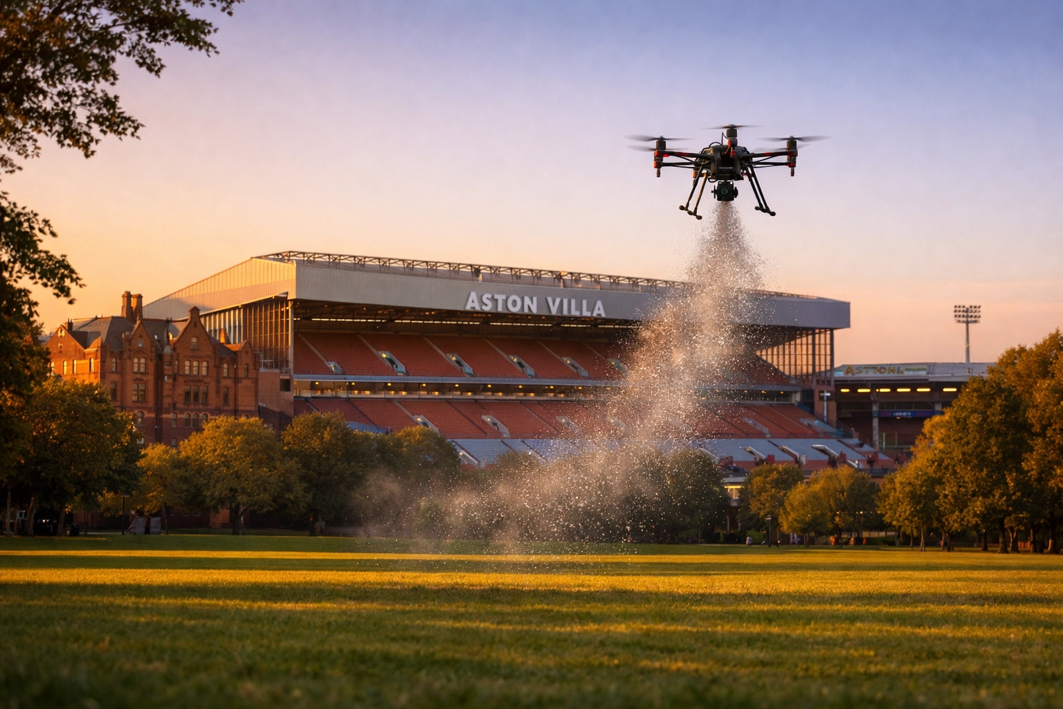Drone performing a respectful ash scattering service at Aston Park overlooking Villa Park stadium.
