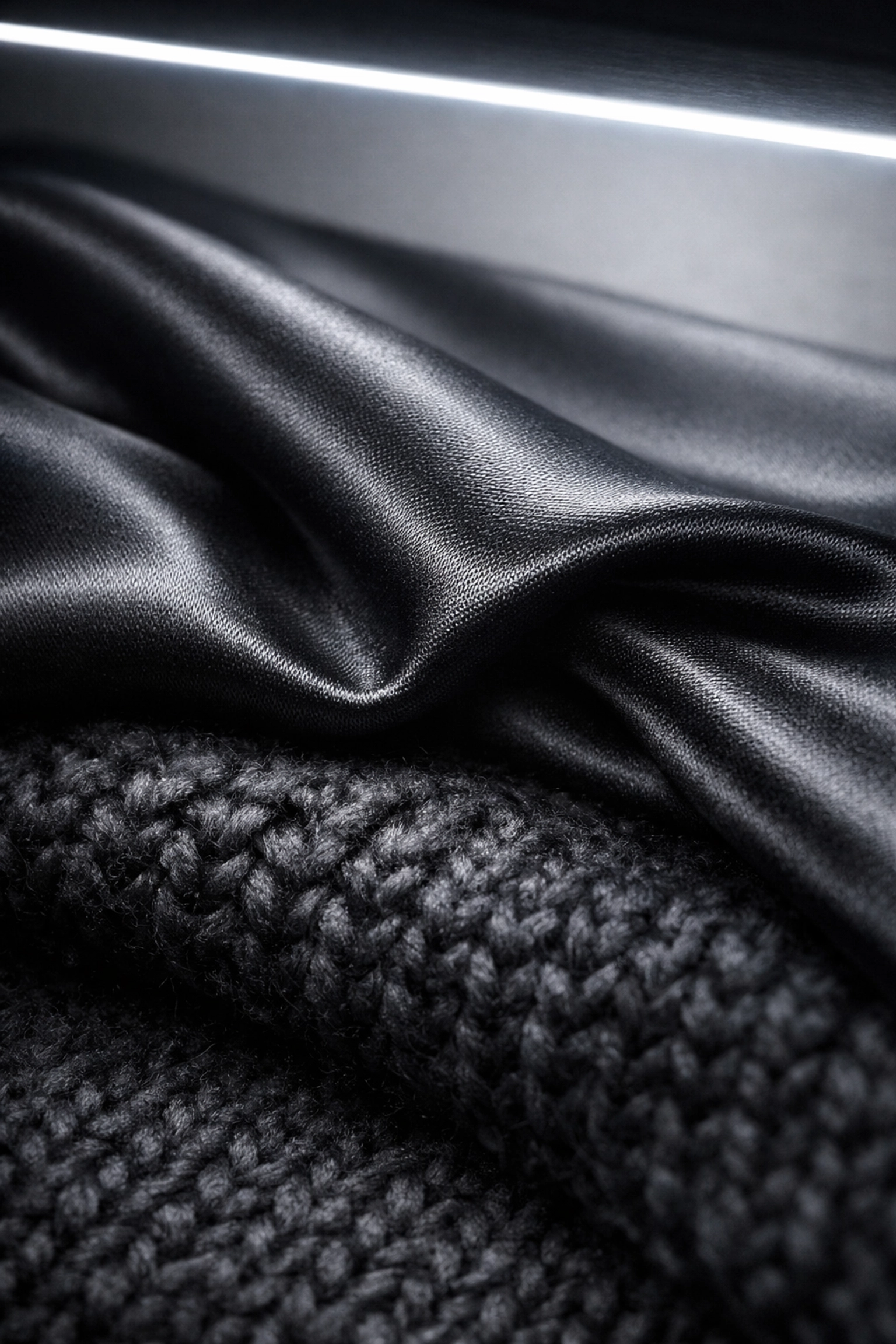 Neutral white LED strip light highlighting textures of luxury silk and wool clothing.