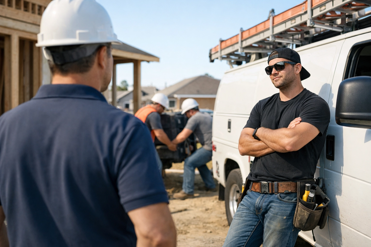 Contractor observing an uncooperative employee on a job site while a team struggles in the background.