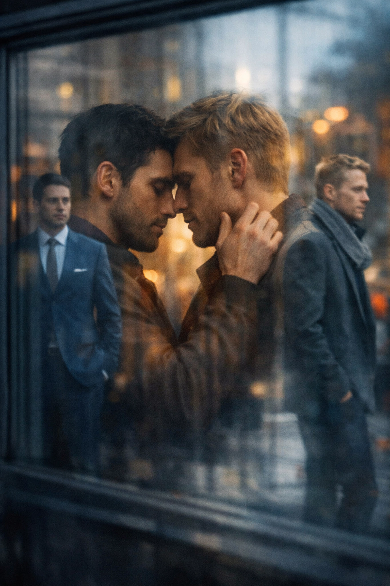 Mirror reflection shows gay couple's private closeness vs separate public personas