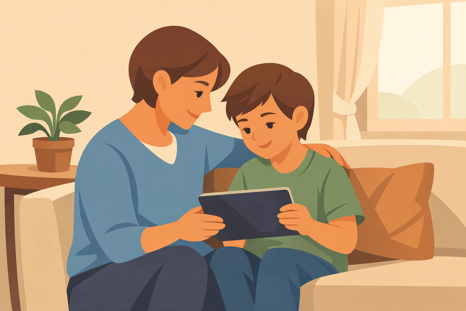 Parent and child discussing digital safety together on couch with tablet