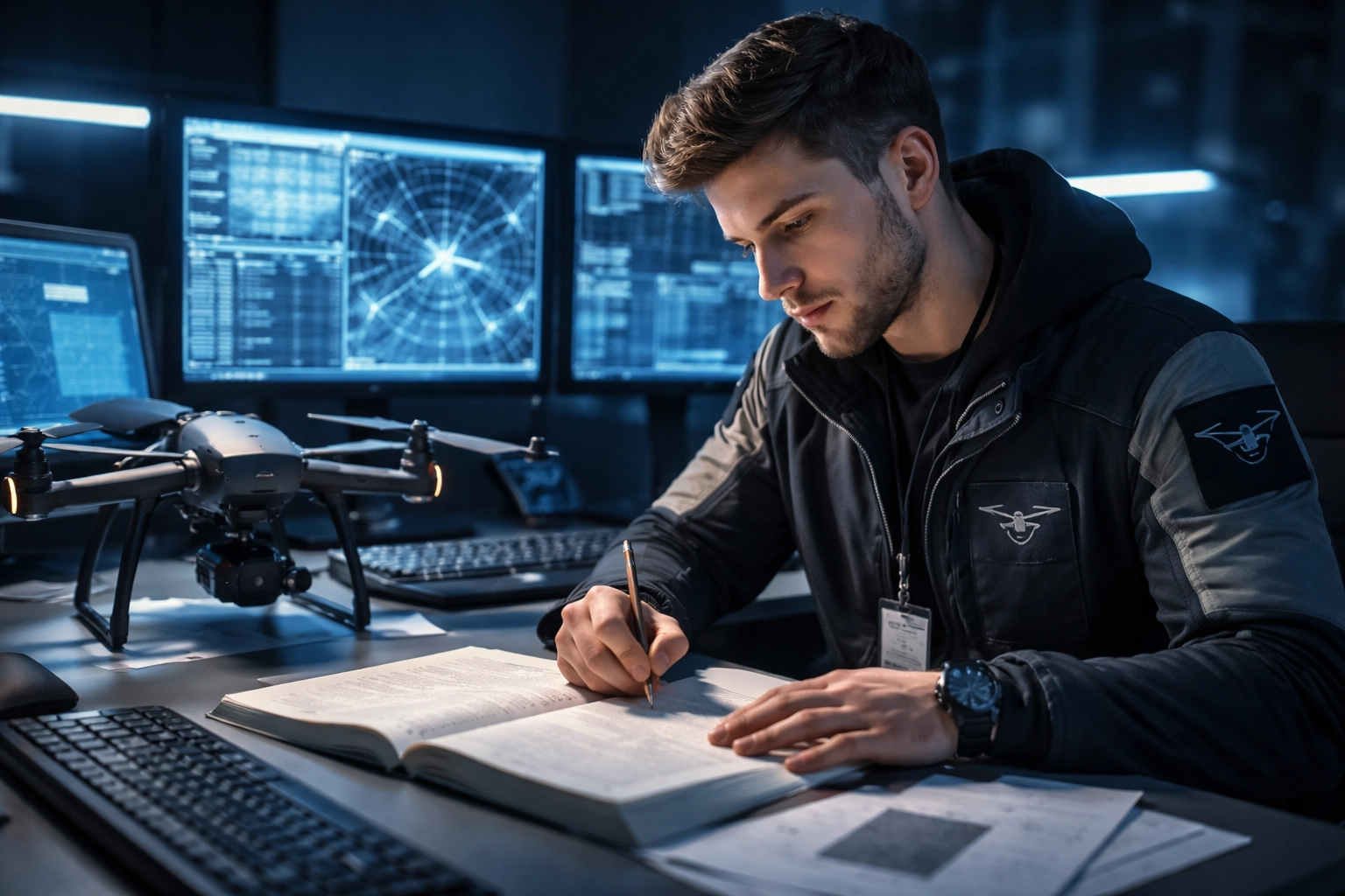 A young drone pilot studies for a drone license exam surrounded by monitors and modern drone equipment.