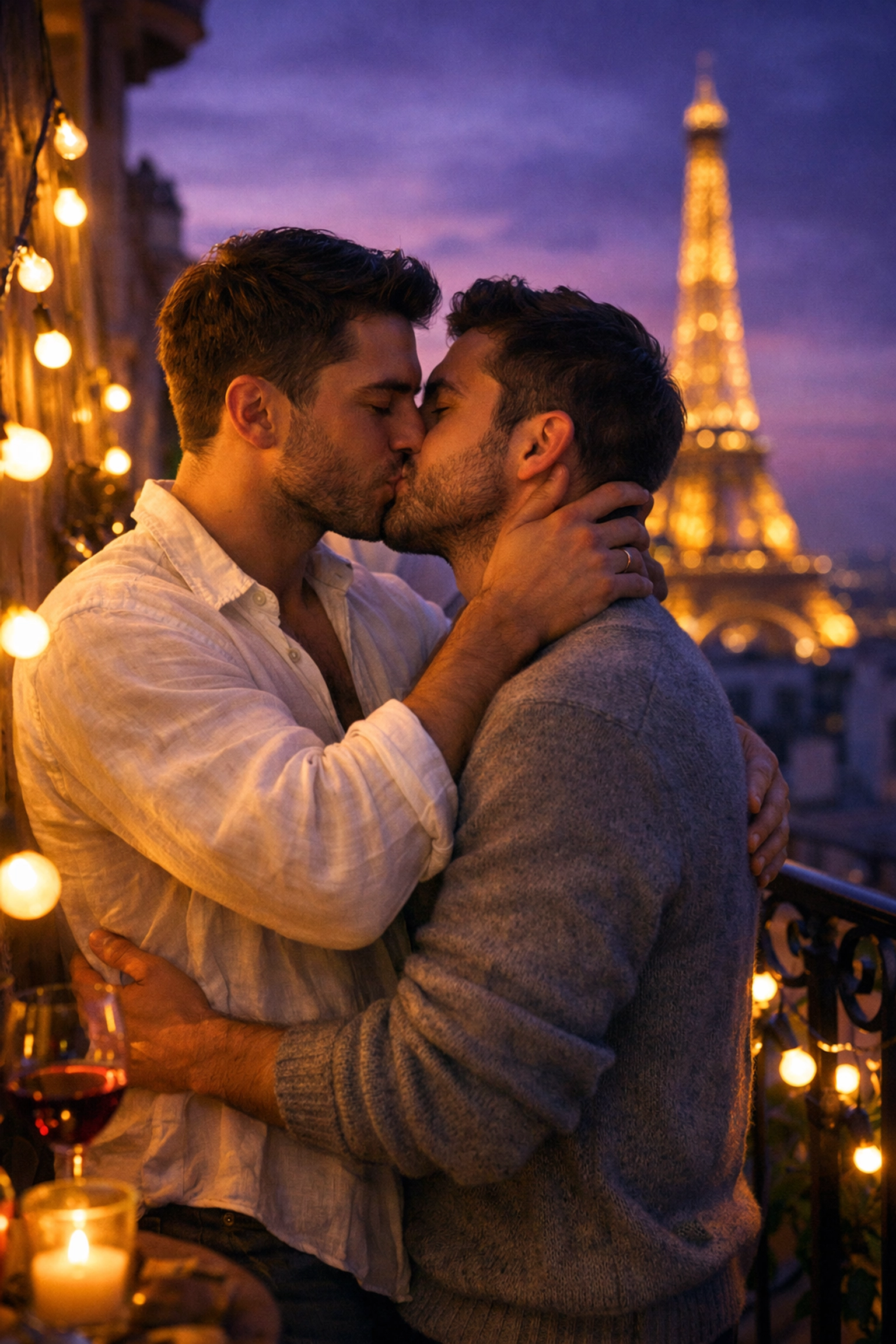 Alex and Henry embrace on Paris balcony in passionate MM romance moment