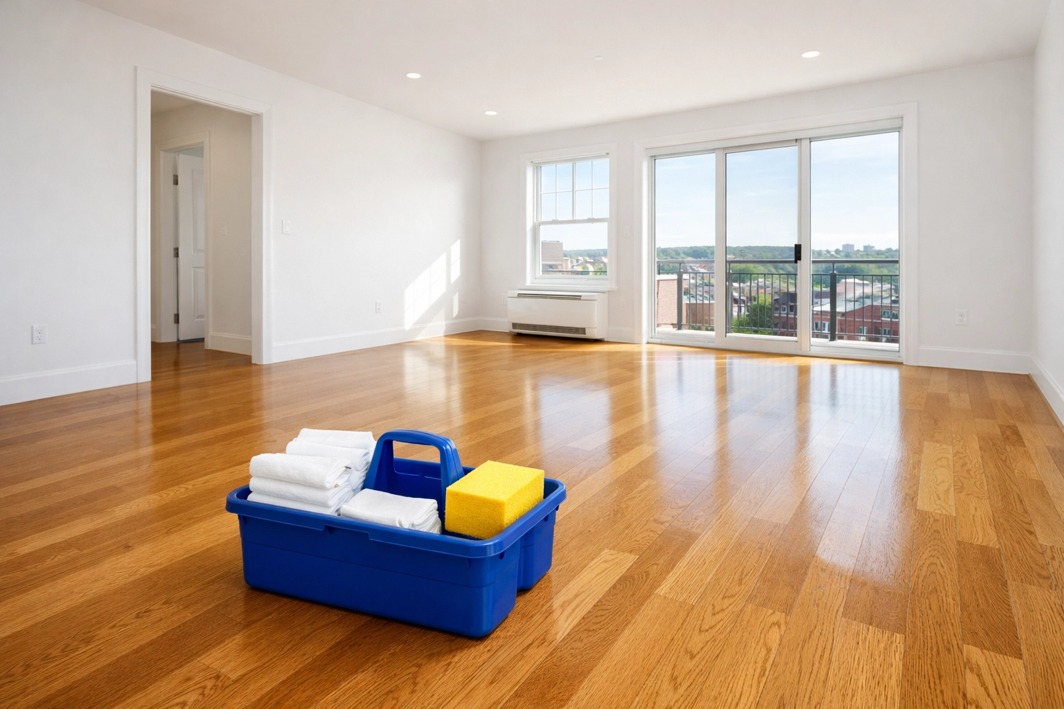 An empty living room prepared for move-out cleaning Worcester MA with professional supplies.
