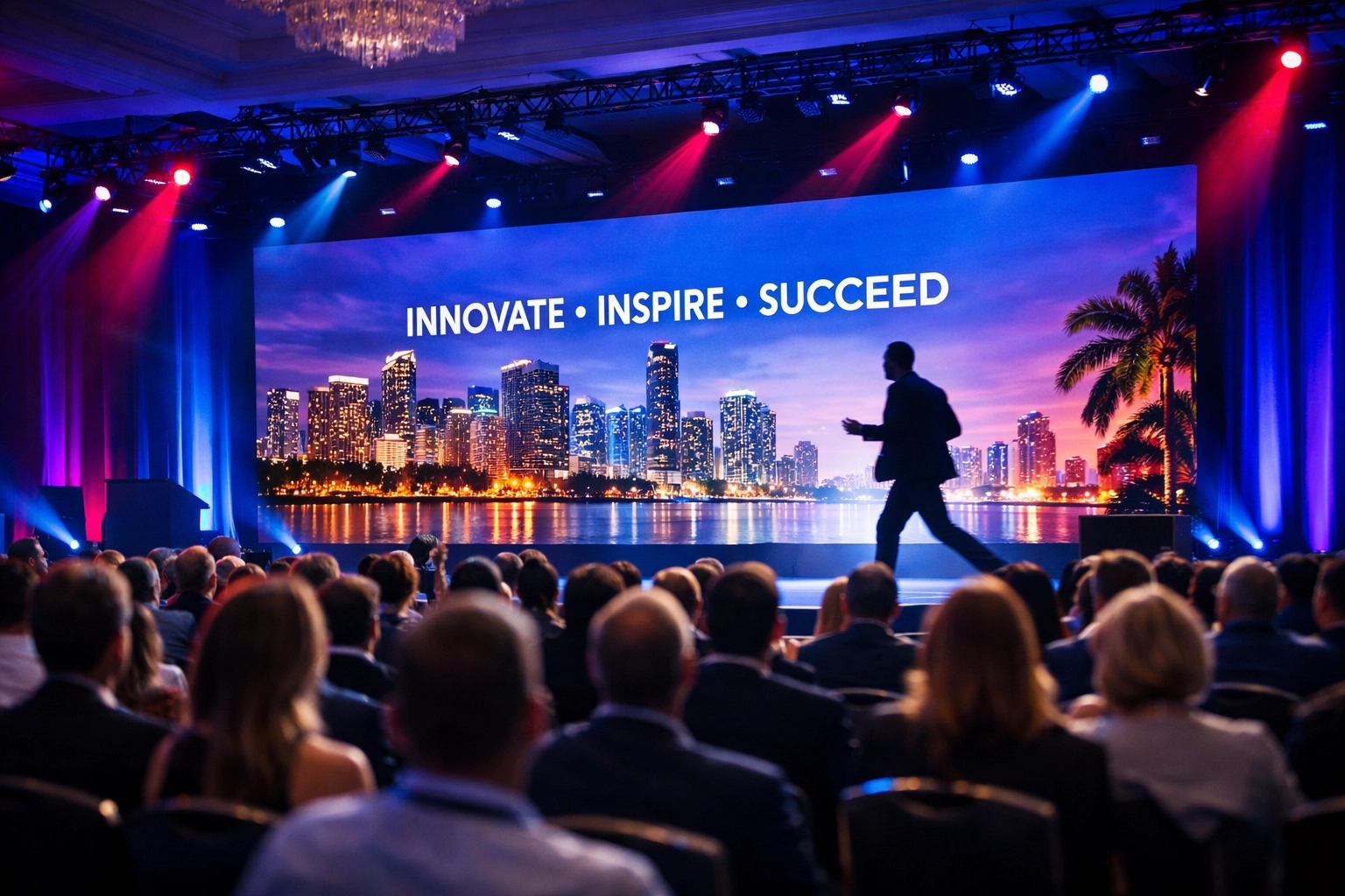 Corporate event photographer capturing a dynamic professional speaker at a high-end Miami conference.