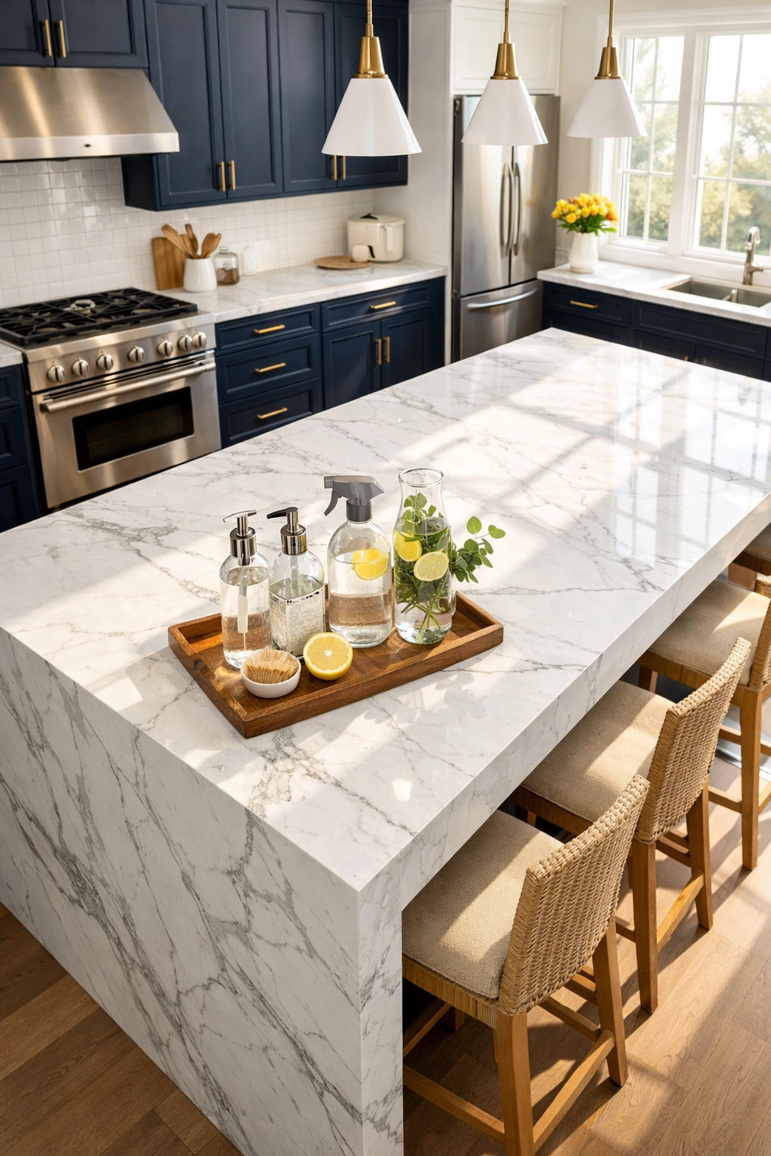 Spotless luxury kitchen in Dover with marble counters and eco-friendly residential cleaning Massachusetts supplies.