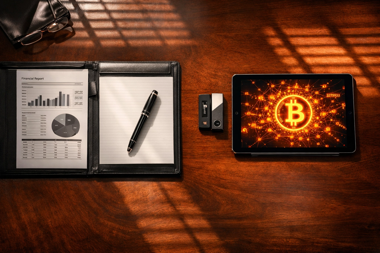 Boardroom comparison of traditional financial documents and Bitcoin hardware wallet