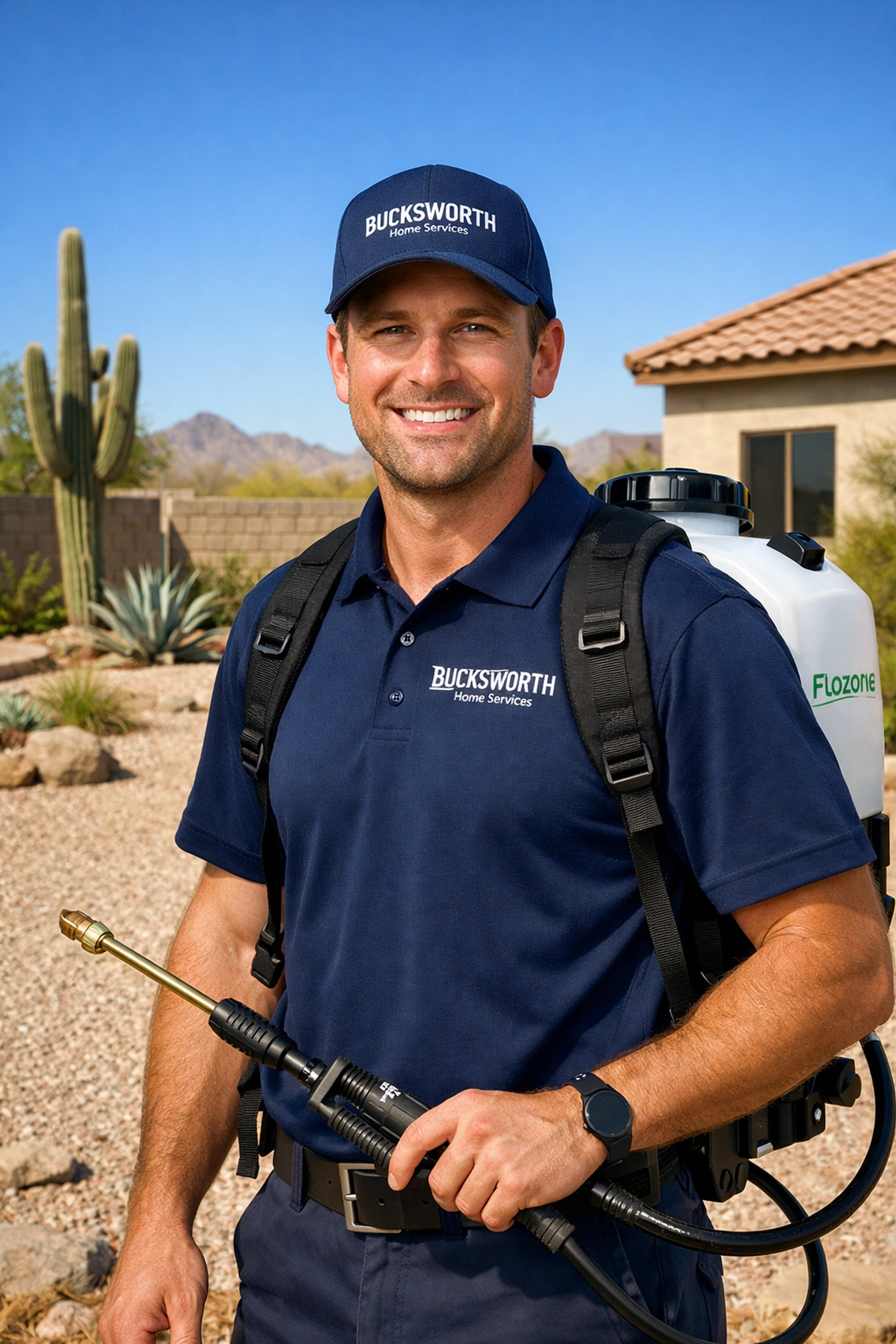 Bucksworth technician performing desert pest prevention in a Tonopah AZ backyard with a Flozone backpack.