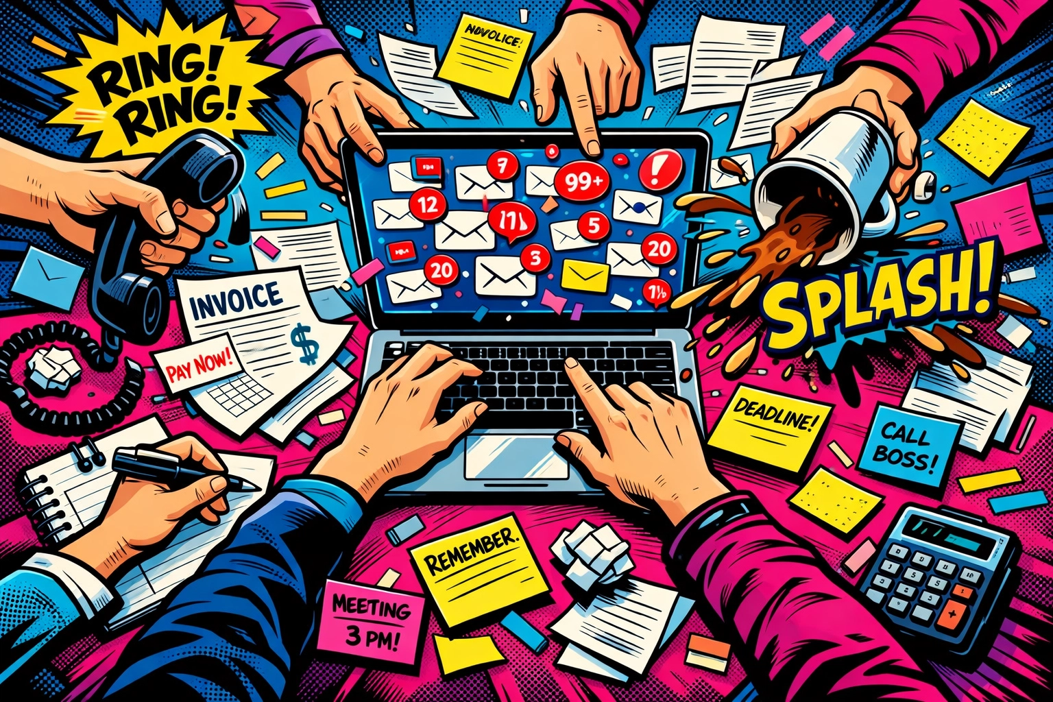Overwhelmed desk showing multiple manual admin tasks draining business productivity and time