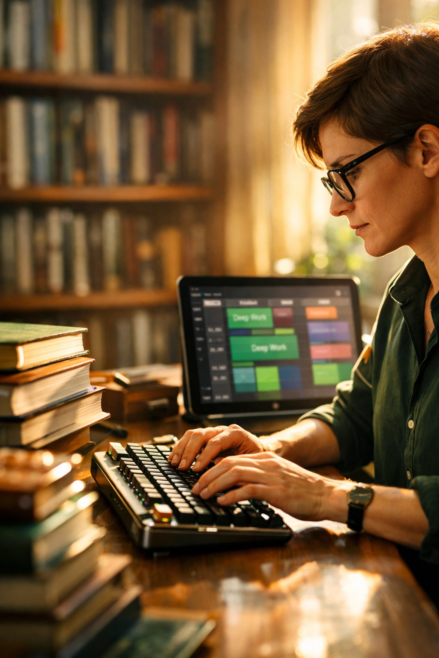 Remote professional focusing on deep work in a quiet home library environment with flexible hours.