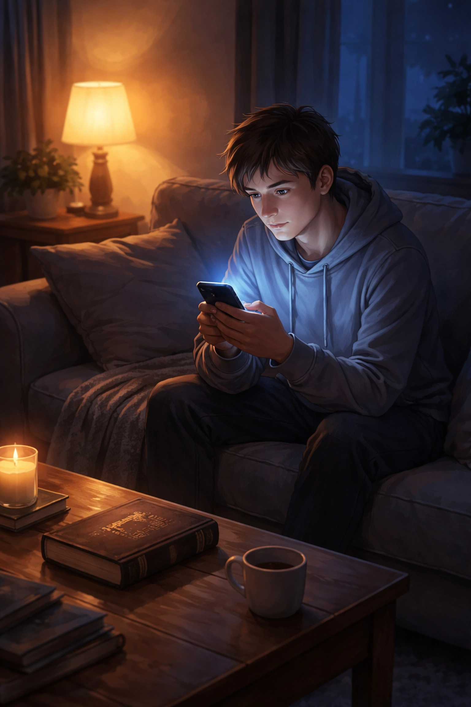 A person seeking spiritual support at night, illuminated by a smartphone and Bible, representing AI ministry tools for 24/7 faith guidance.