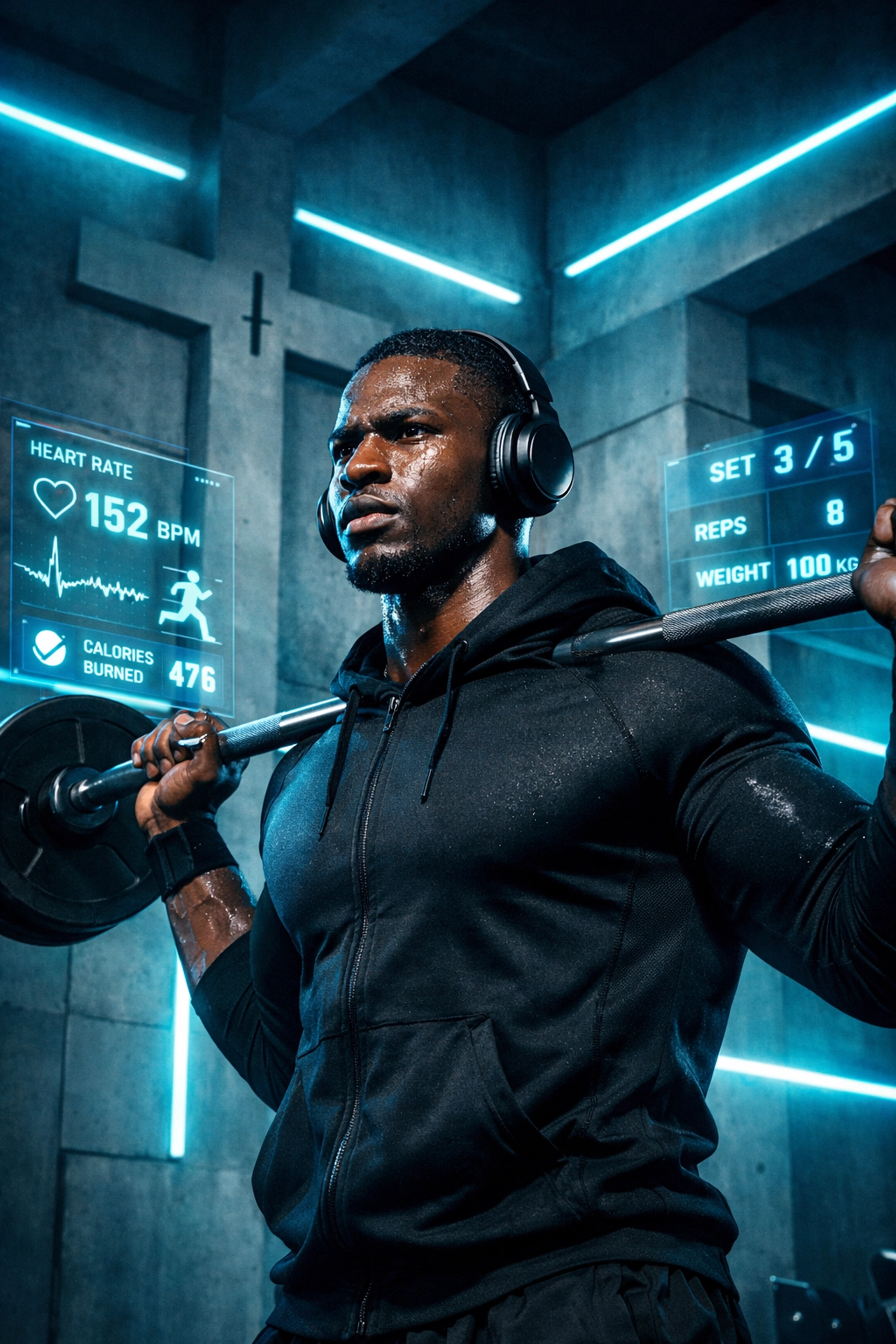 Black man wearing headphones lifting barbell in modern gym representing Christian workout music and faith-based fitness