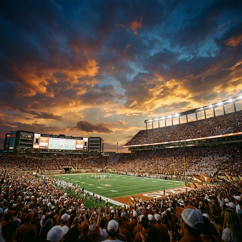 Darrell K Royal-Texas Memorial Stadium at dusk filled with Texas Longhorns fans, highlighting the team's home atmosphere