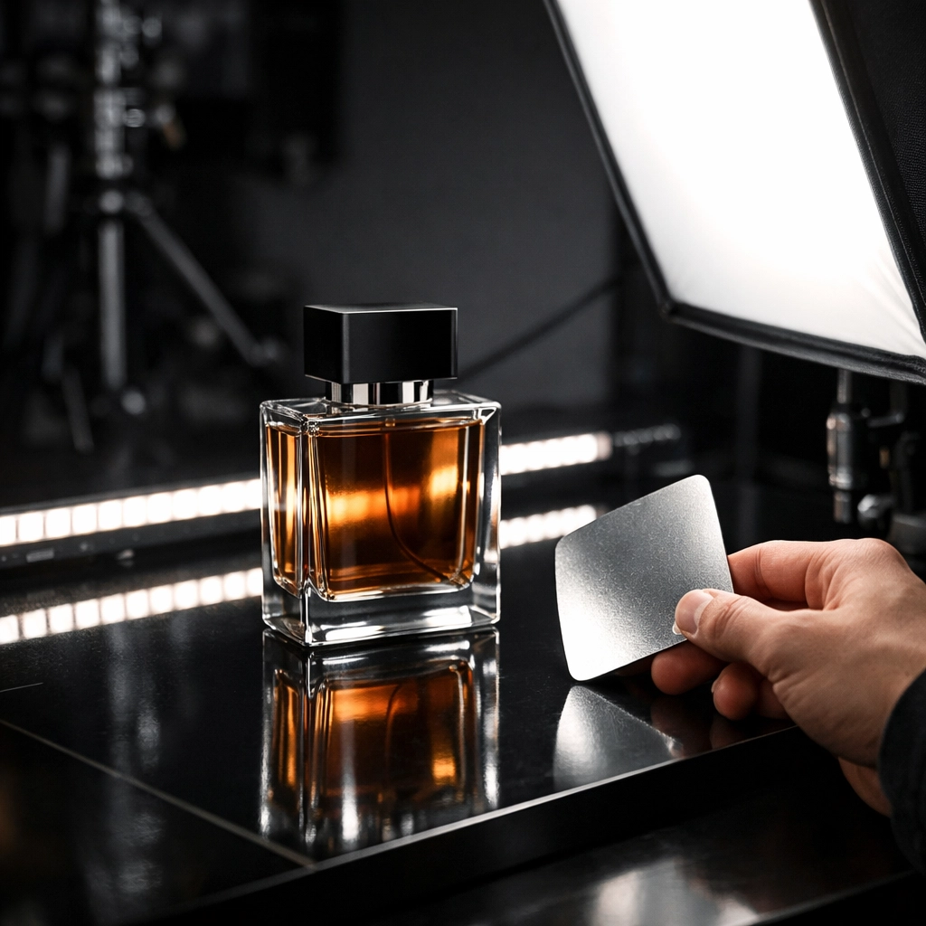 Professional product photography setup in a Miami studio for a luxury brand fragrance shoot.