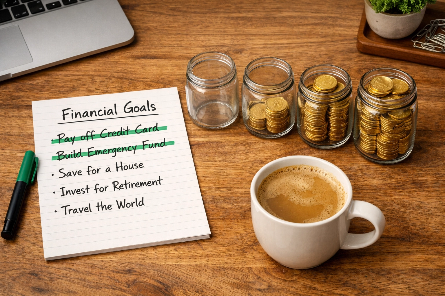 A desk with a debt checklist and jars of coins showing the progress of rolling over debt payments.