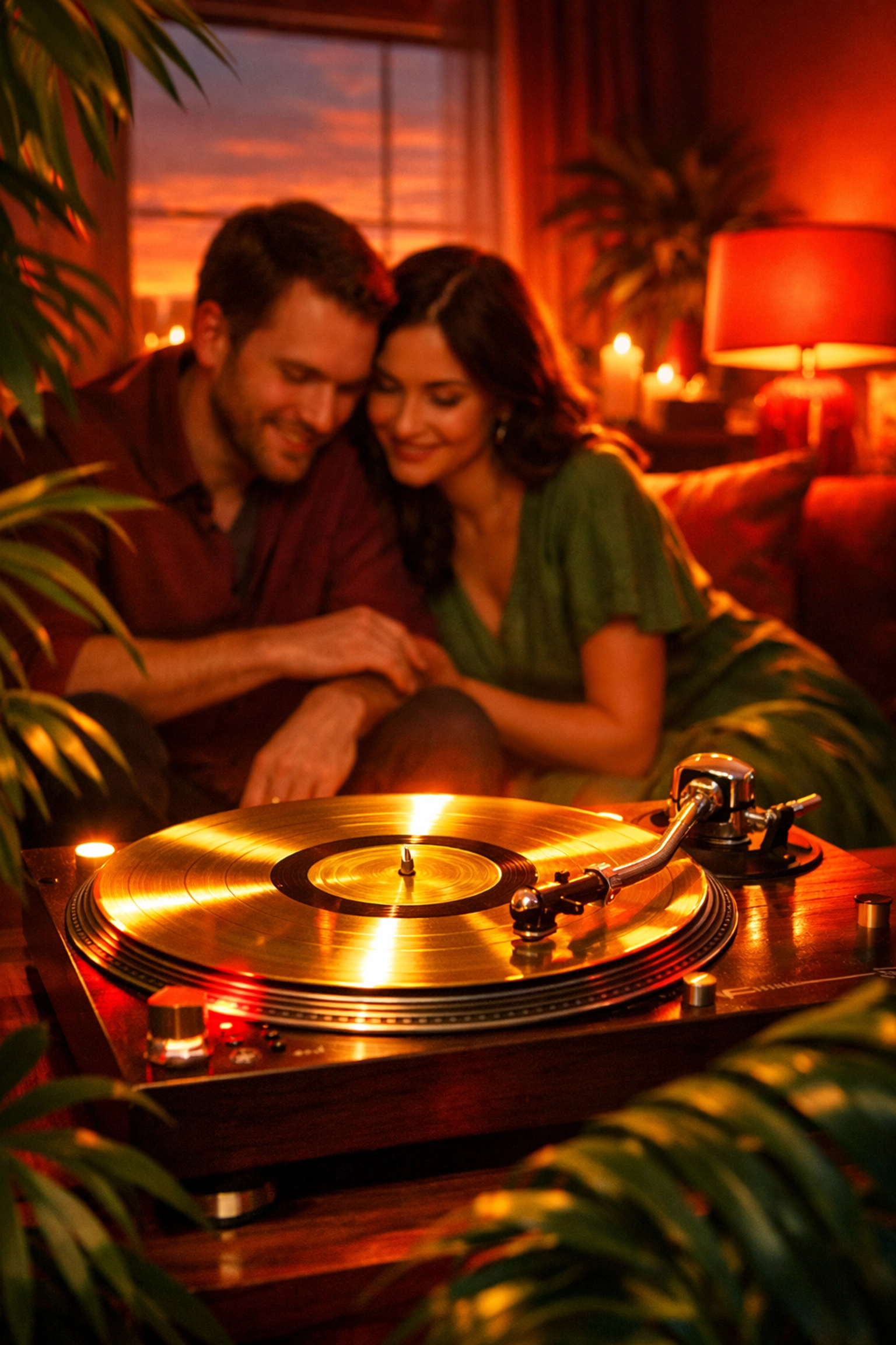 Couple listening to a personalized anniversary gift song on a golden vinyl record in a warm, green-filled room.