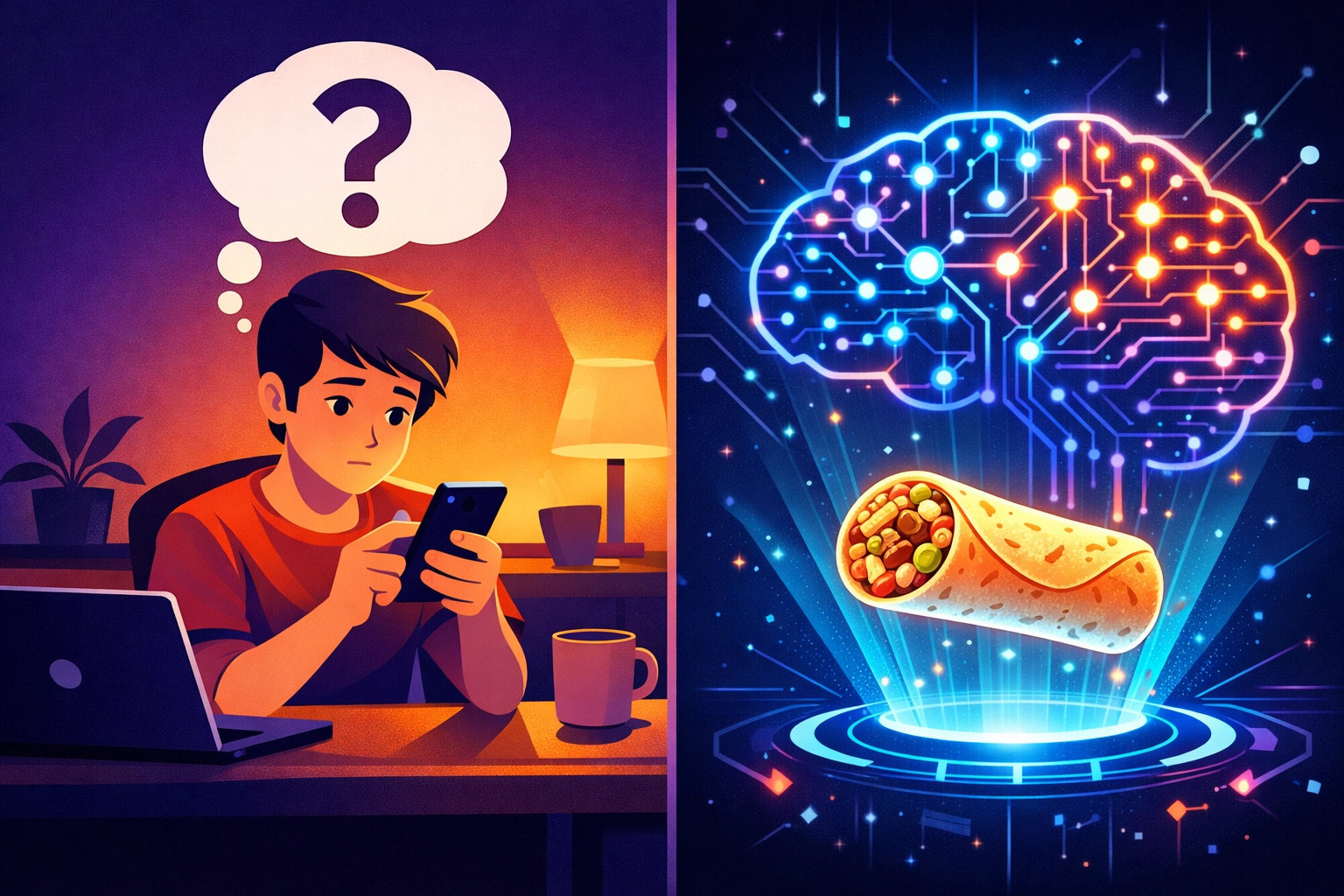AI brain predicting customer's burrito order before they know they want it using predictive technology