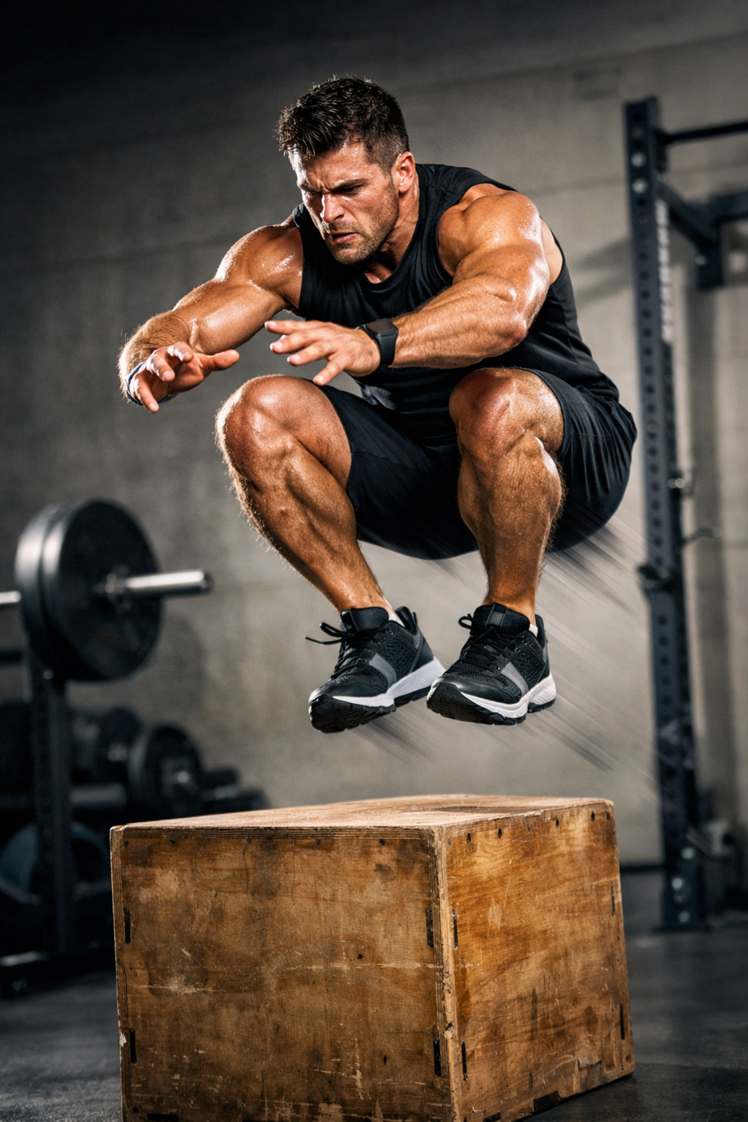 Athlete performing a high-intensity box jump as part of a CrossFit full body workout at home.