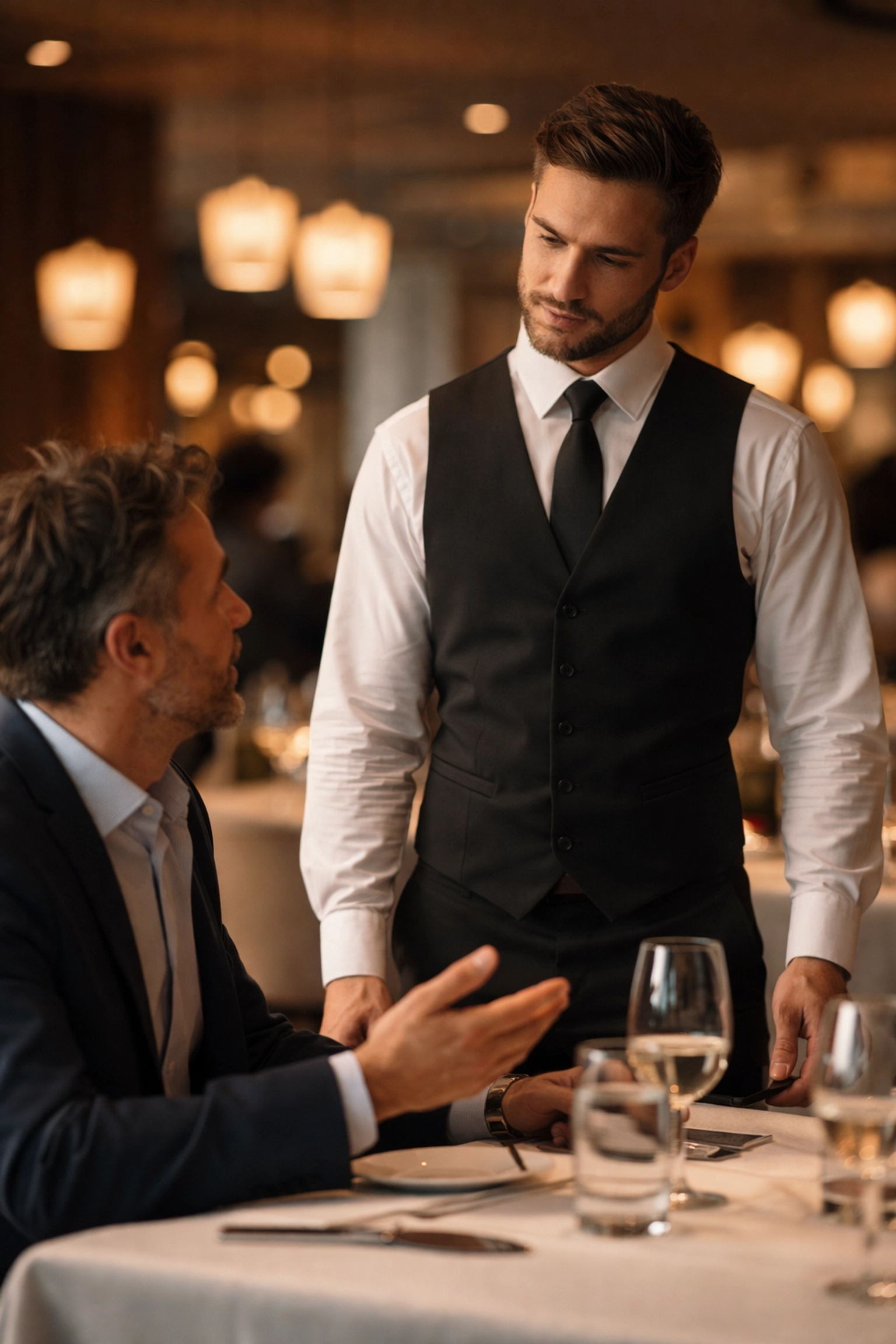 Server calmly de-escalates frustrated guest at restaurant table, showing guest recovery skills in action