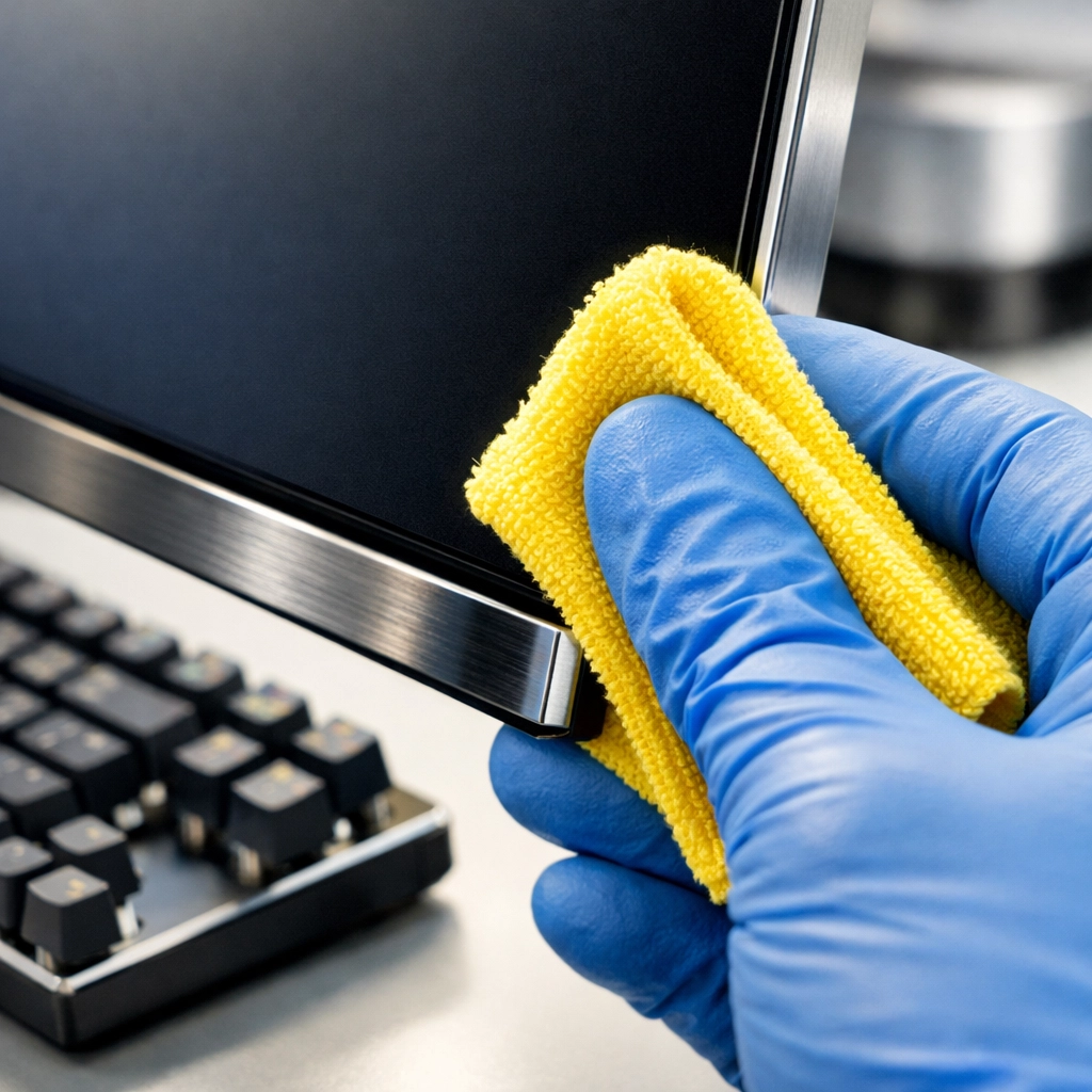 Cleaning professional using electronics-safe methods to sanitize a monitor workstation in a tech hub.