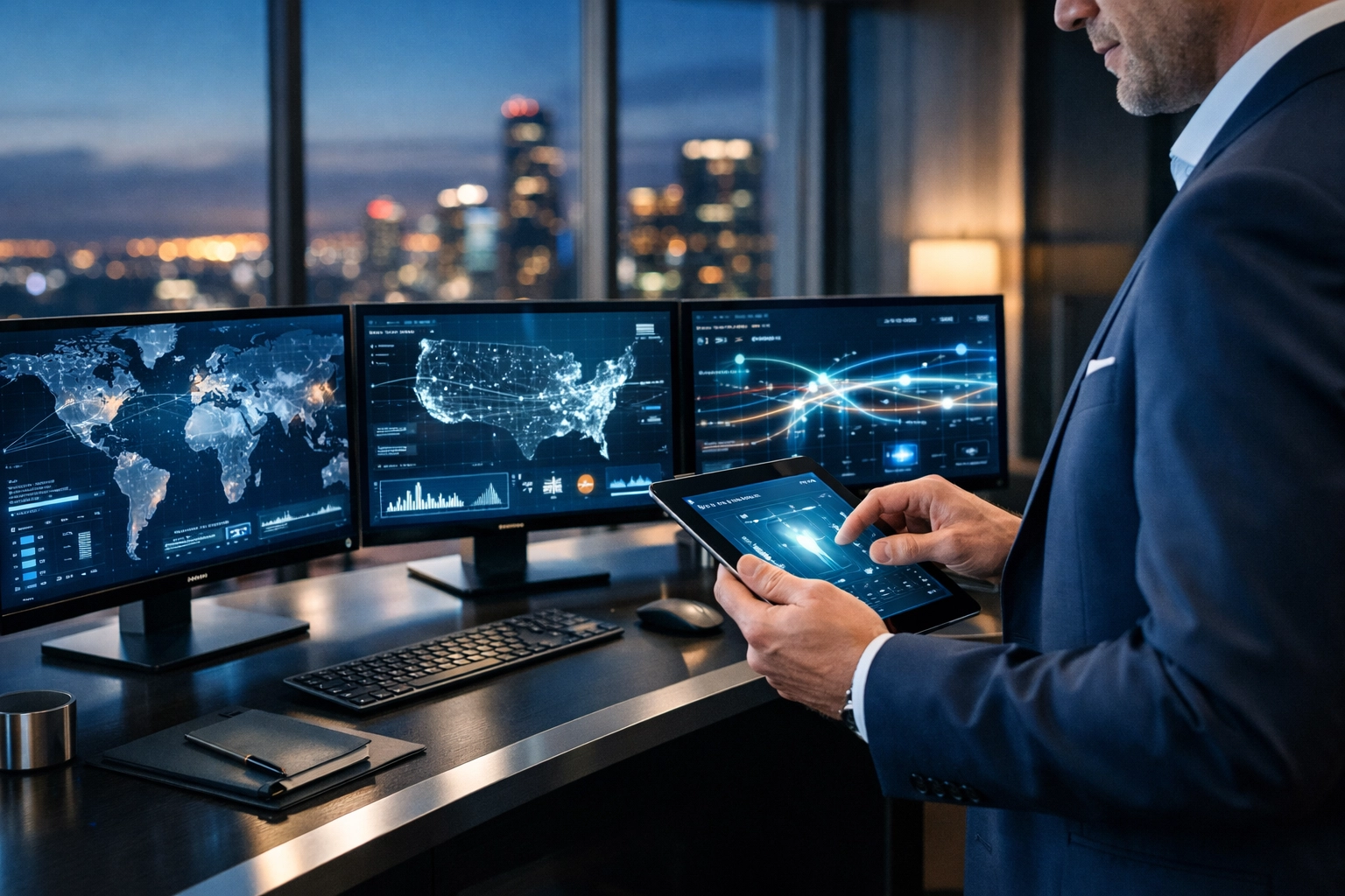 Corporate command center with real-time logistics dashboard for Super Bowl executive travel tracking.