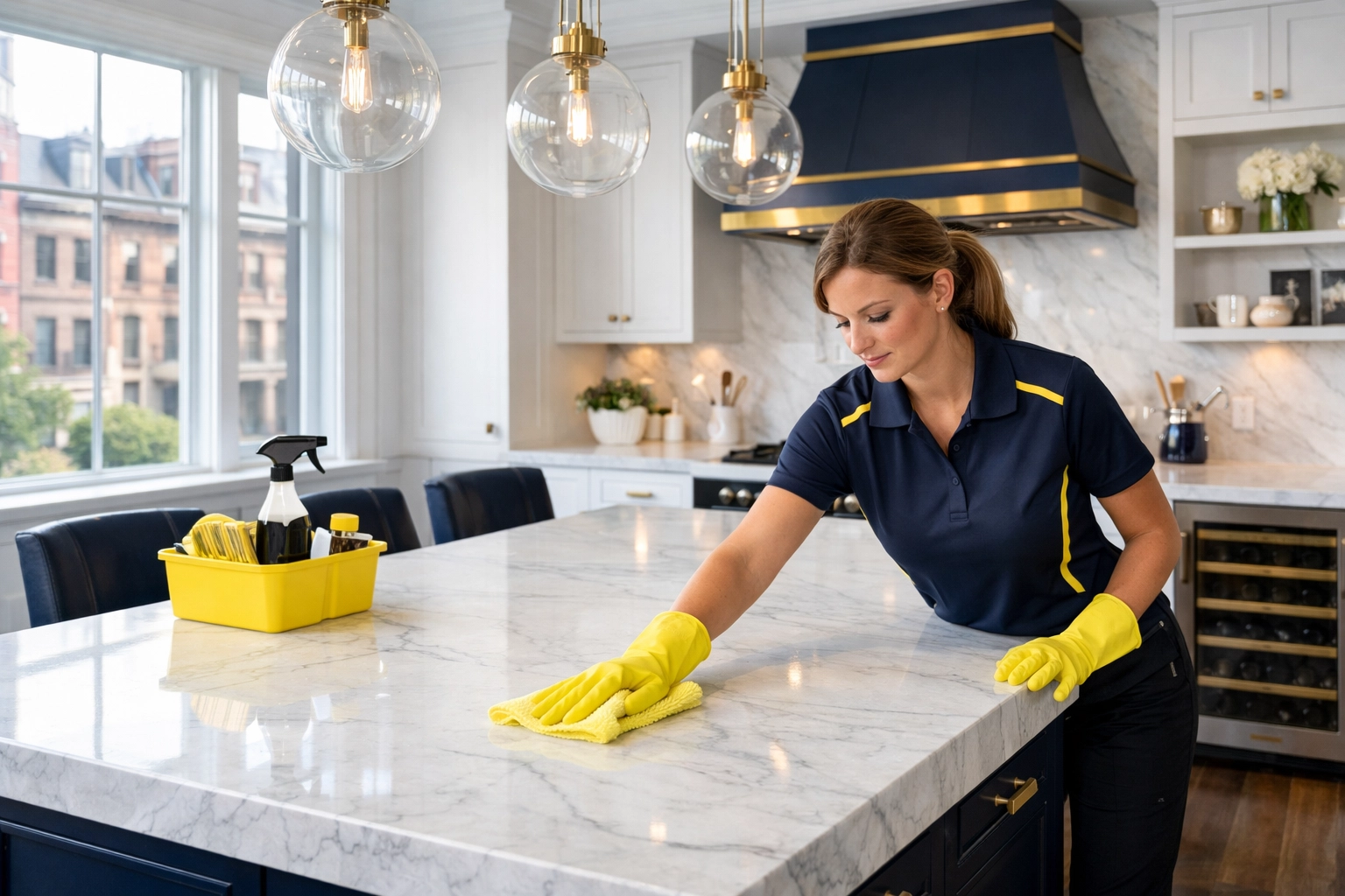 Professional cleaner wiping a marble countertop during a post construction cleaning in a Boston kitchen renovation.