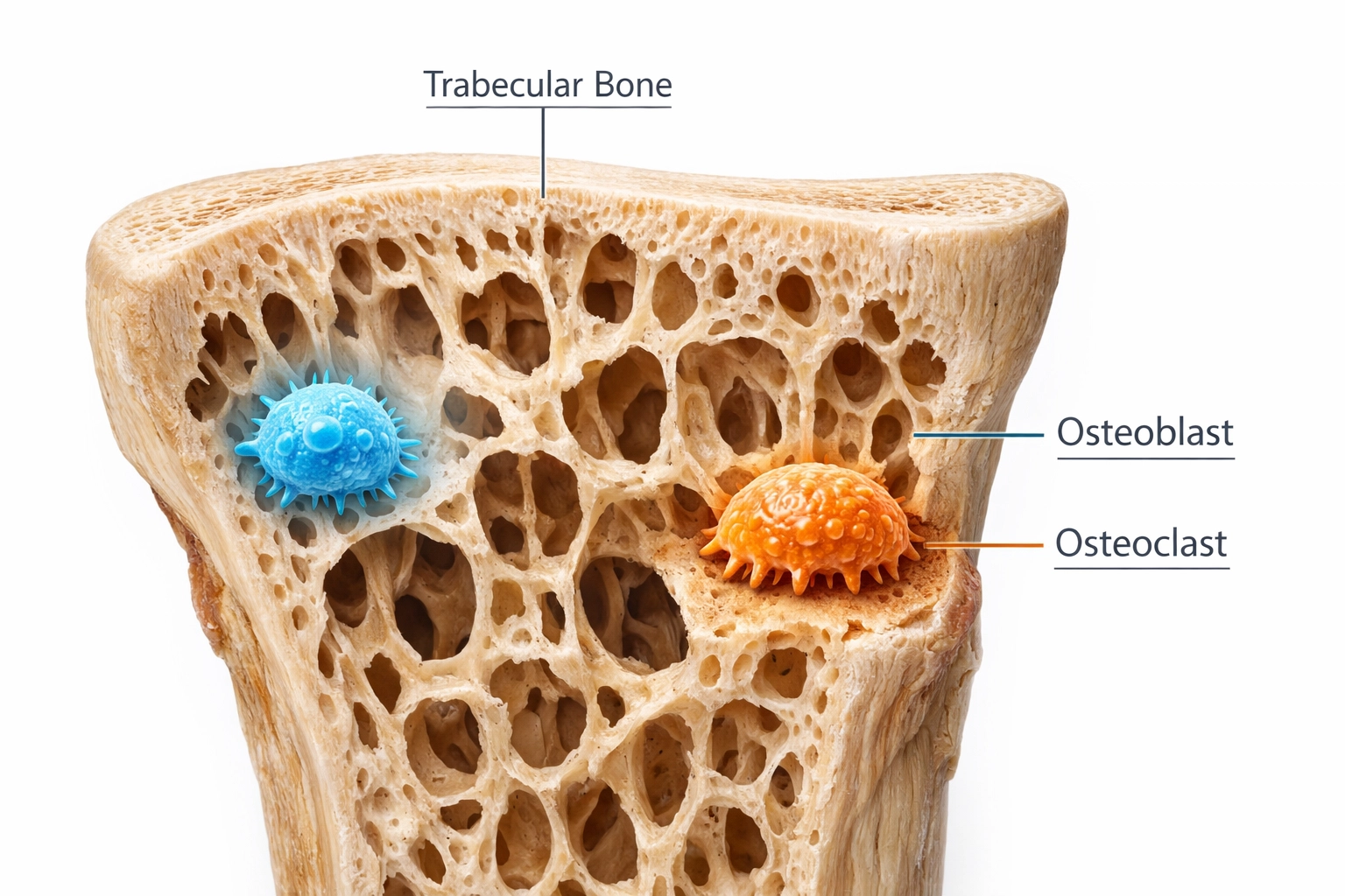 Bone cross-section showing osteoblast and osteoclast cells affecting bone density in perimenopause