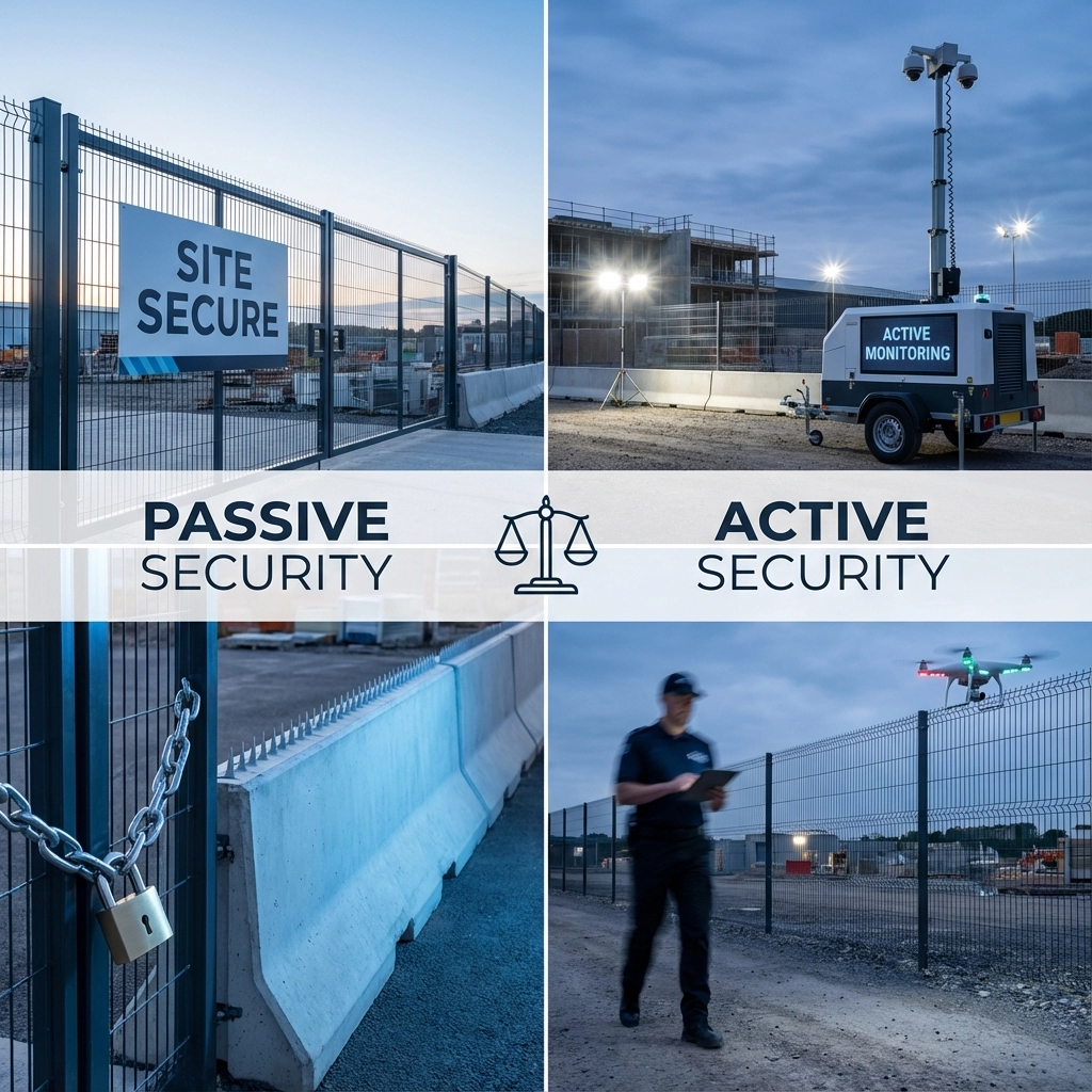 Aerial view of a well-lit construction site with visible security cameras and lighting at dusk
