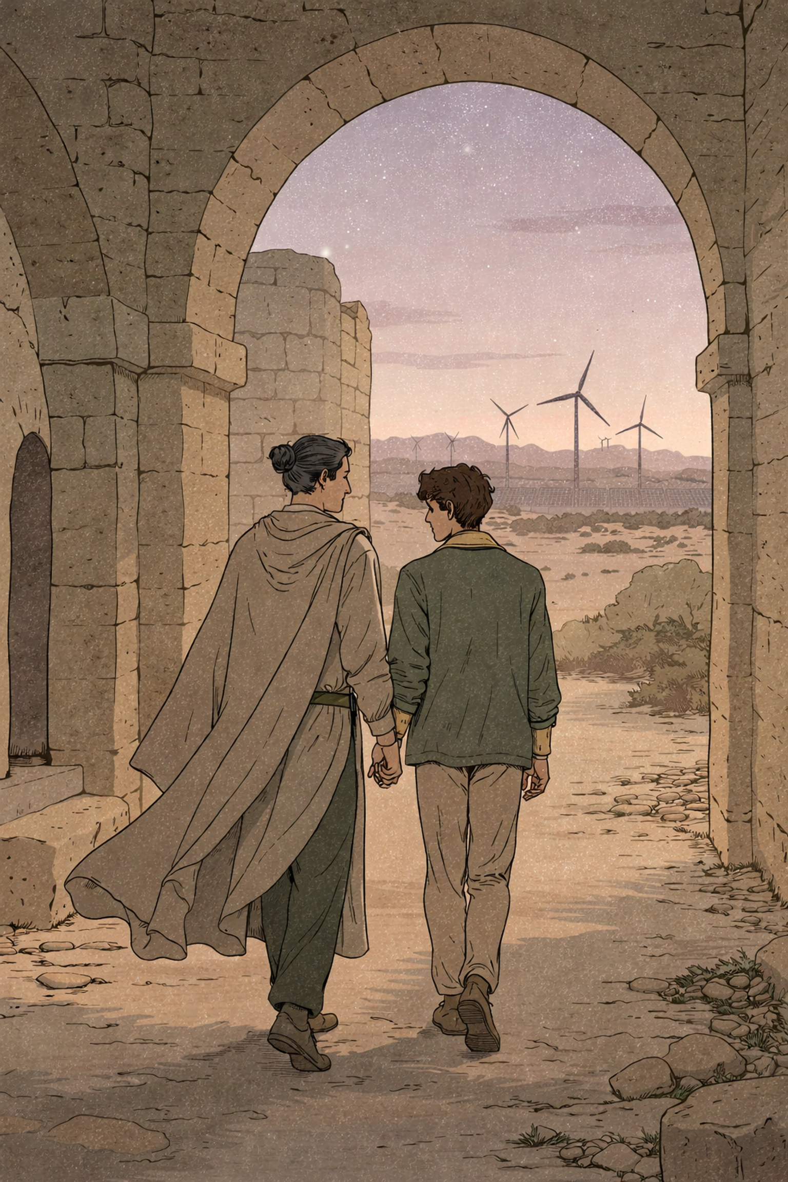 Two men walking hand-in-hand through ancient desert fortress in this LGBTQ+ romance set in Al-Mazar